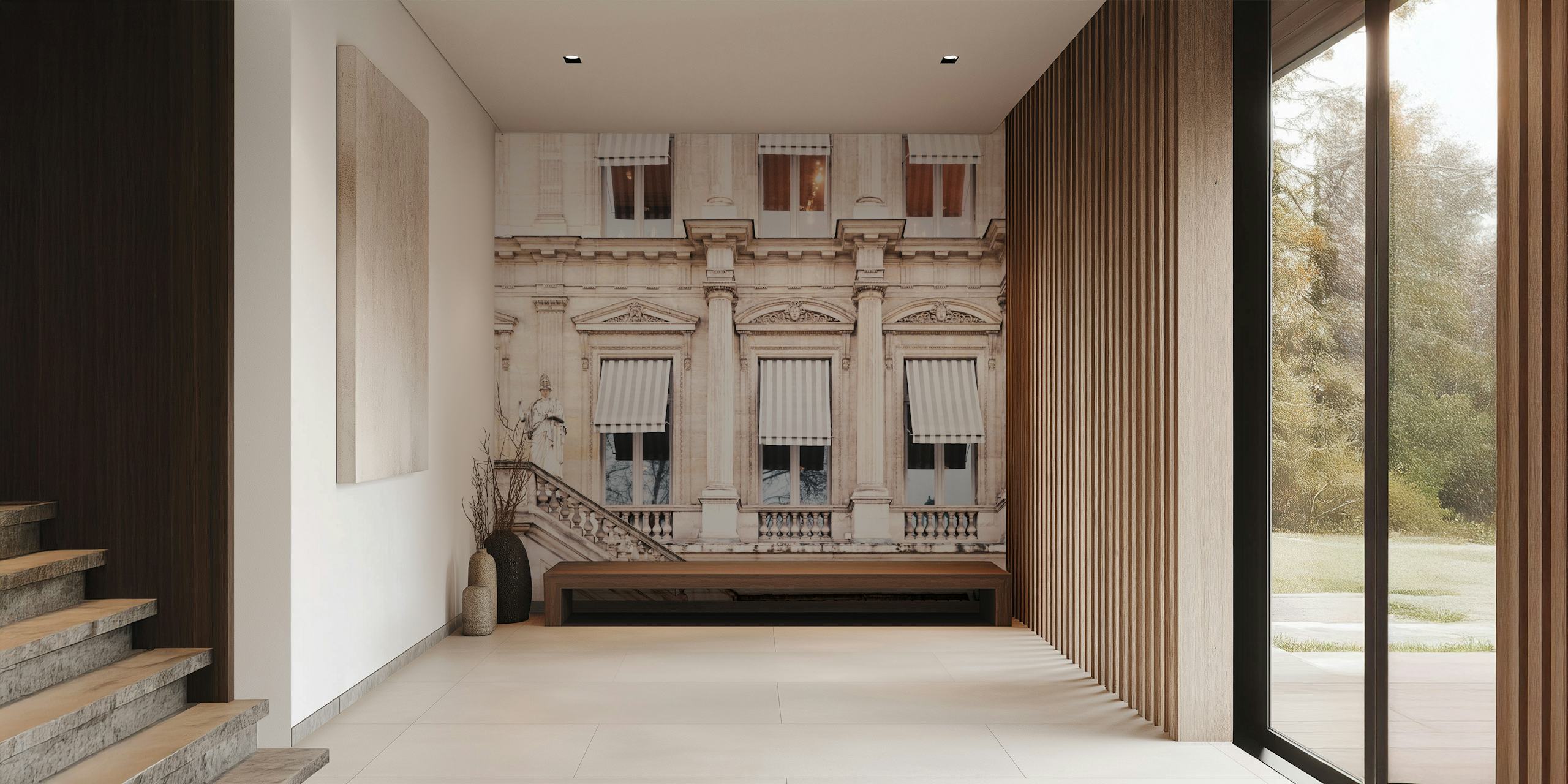 Striped awning on a Parisian building in soft beige tones wallpaper