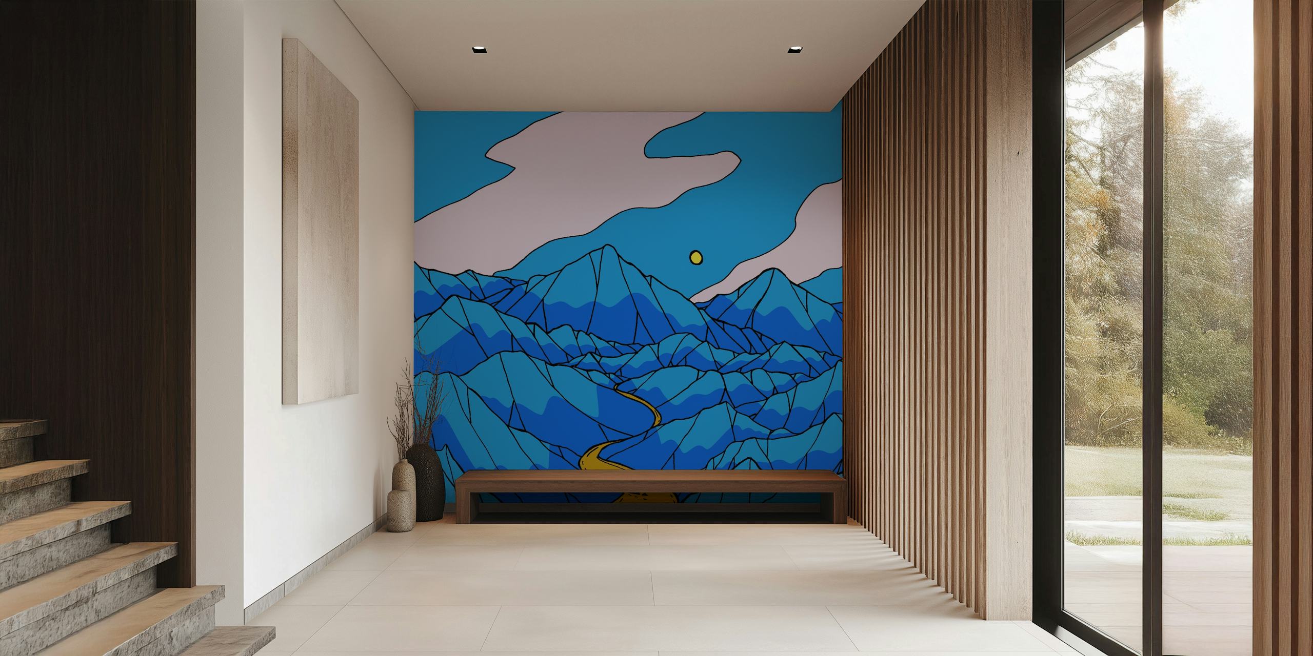 Blue mountain landscape with a winding path and sun wallpaper