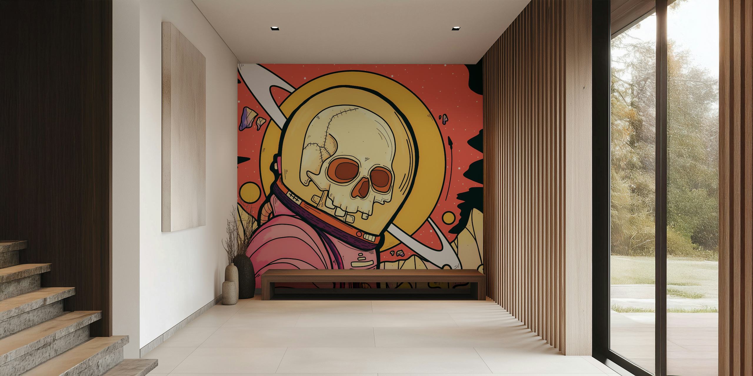 Vivid wall mural featuring a skull-faced astronaut with cosmic background.