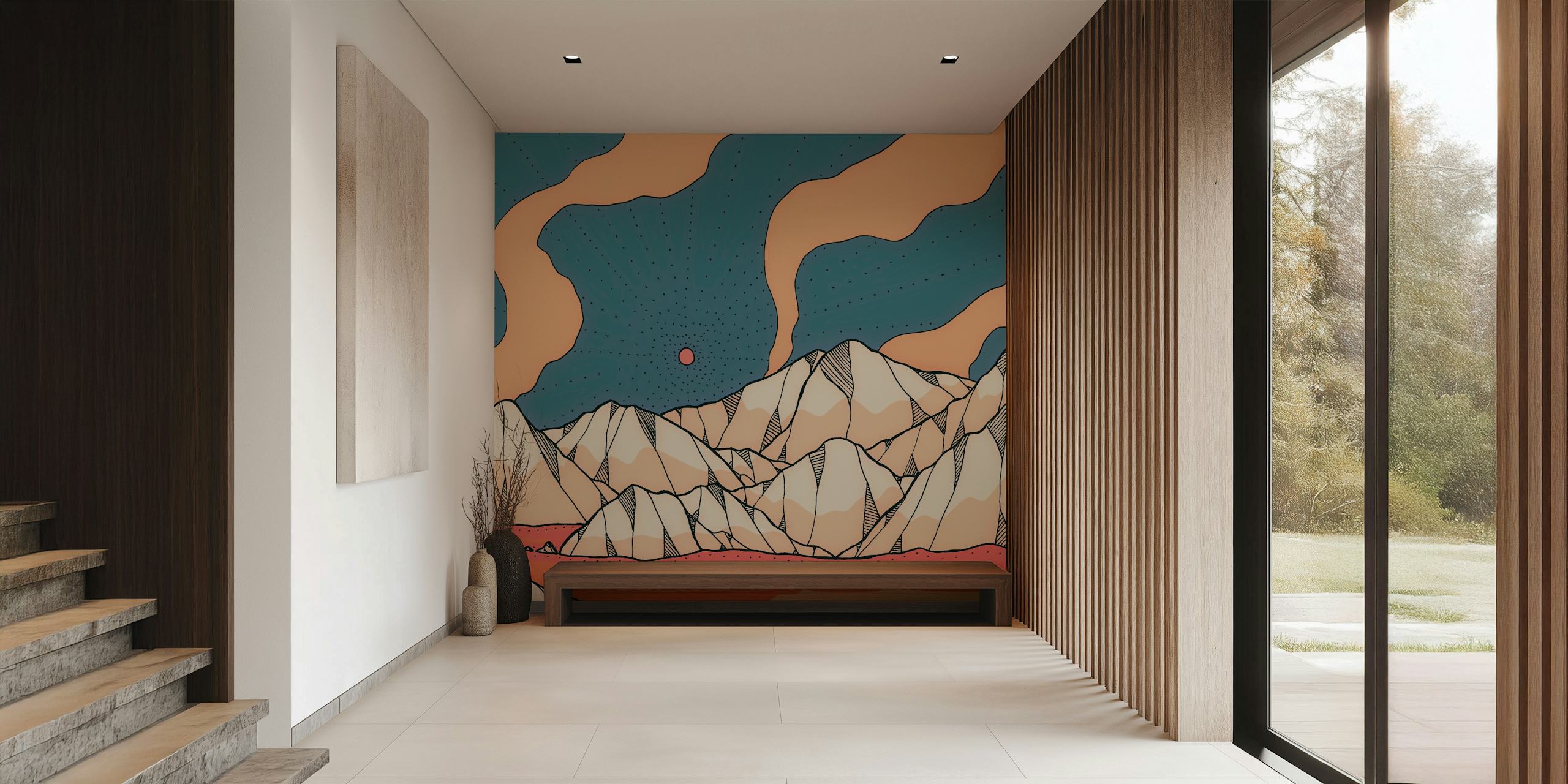 Abstract orange and blue mountainous landscape wall mural
