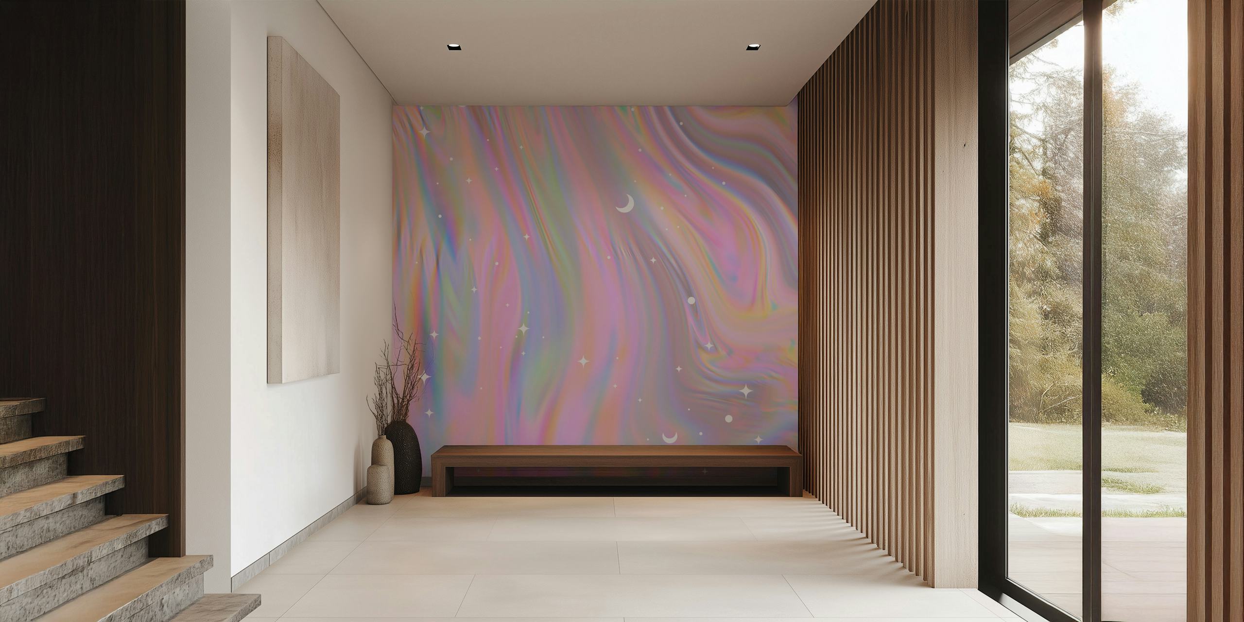 Iridescent swirling pastel colors with stars and moons wallpaper