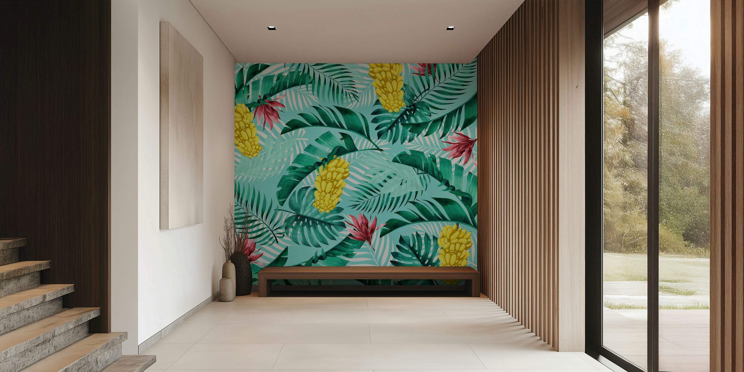Lush green tropical leaves with yellow bananas and pink accents wallpaper