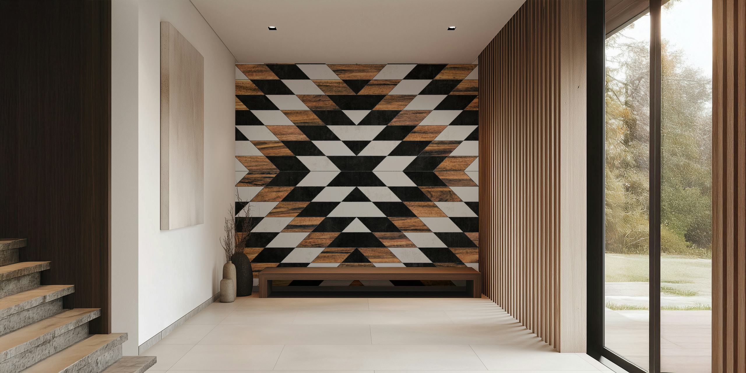 Black and white geometric pattern with wooden accents wallpaper