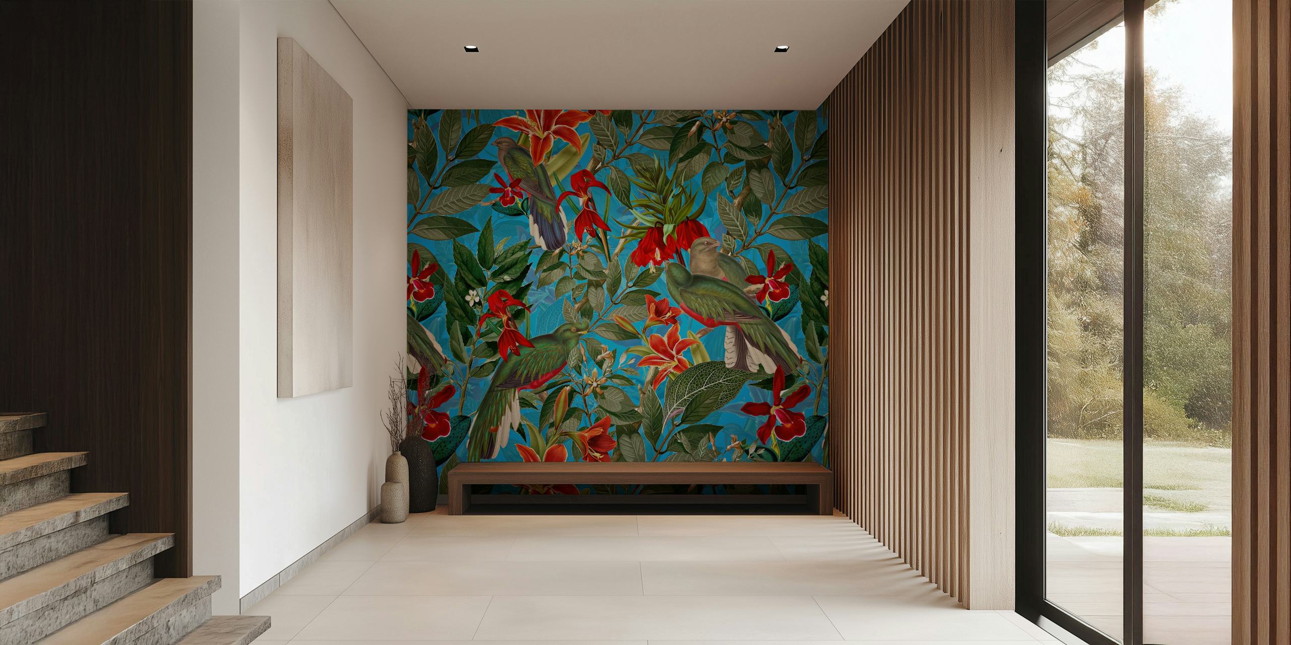 Tropical birds with red flowers and green leaves on blue wallpaper