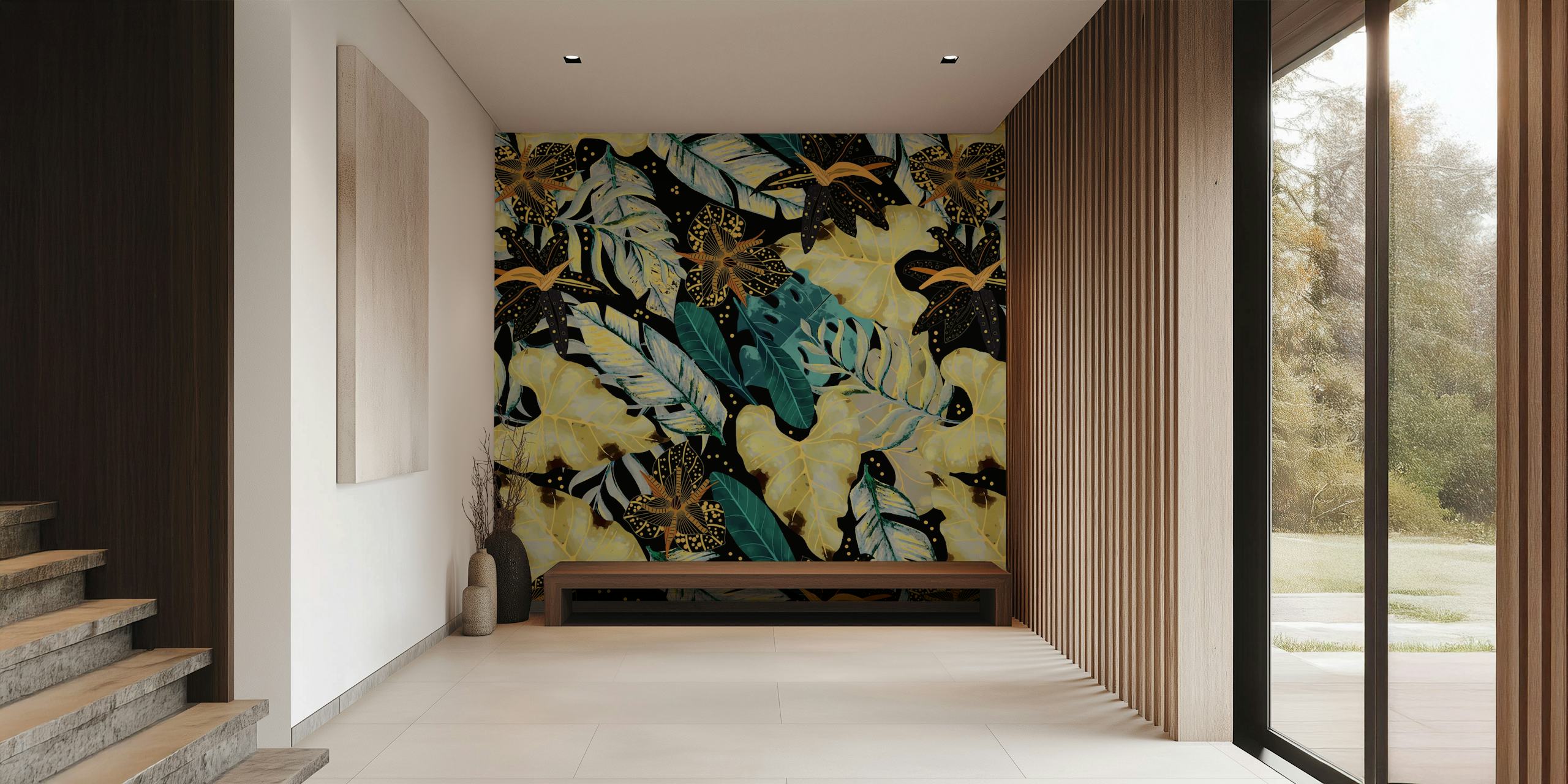 Tropical floral design with black background, colorful leaves and flowers wallpaper