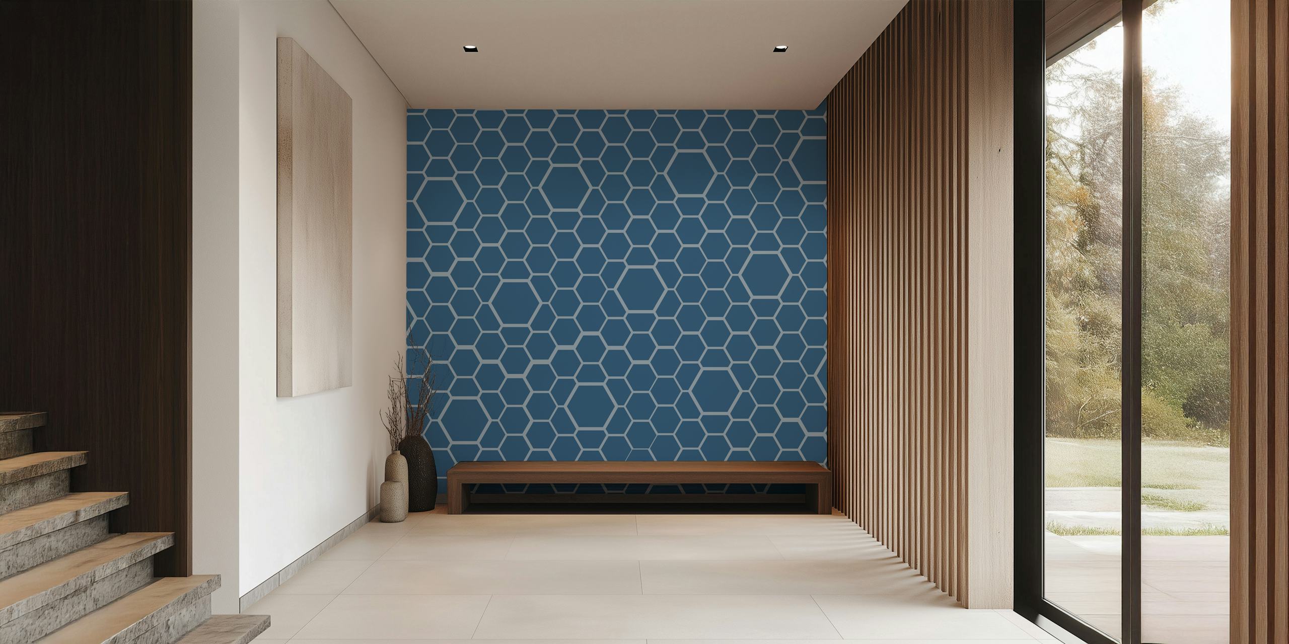 Blue honeycomb pattern wall mural with a geometric grid design