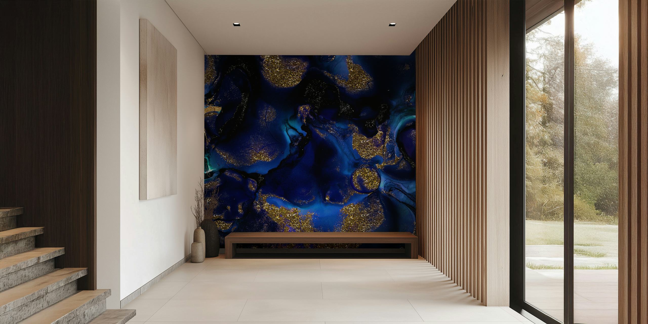 Tapeta Indigo Blue Marble s Gold Glitter v pokoji