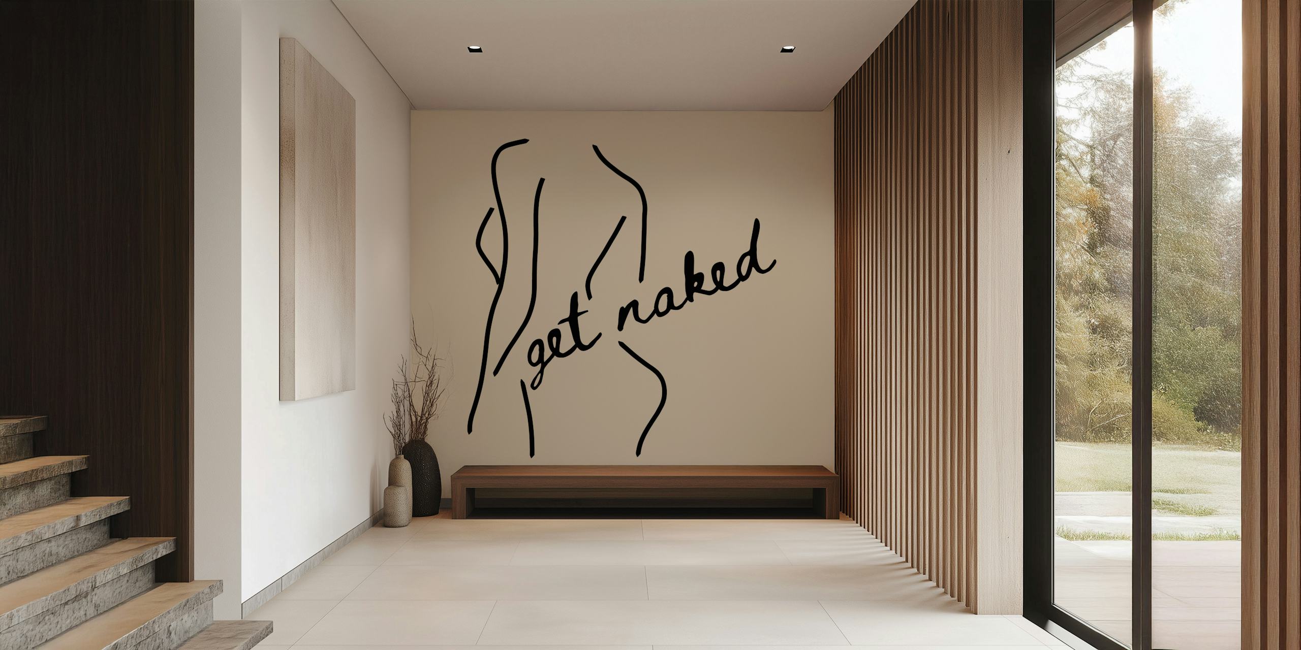 Line art design of a woman's body with 'get naked' text in black on beige wallpaper