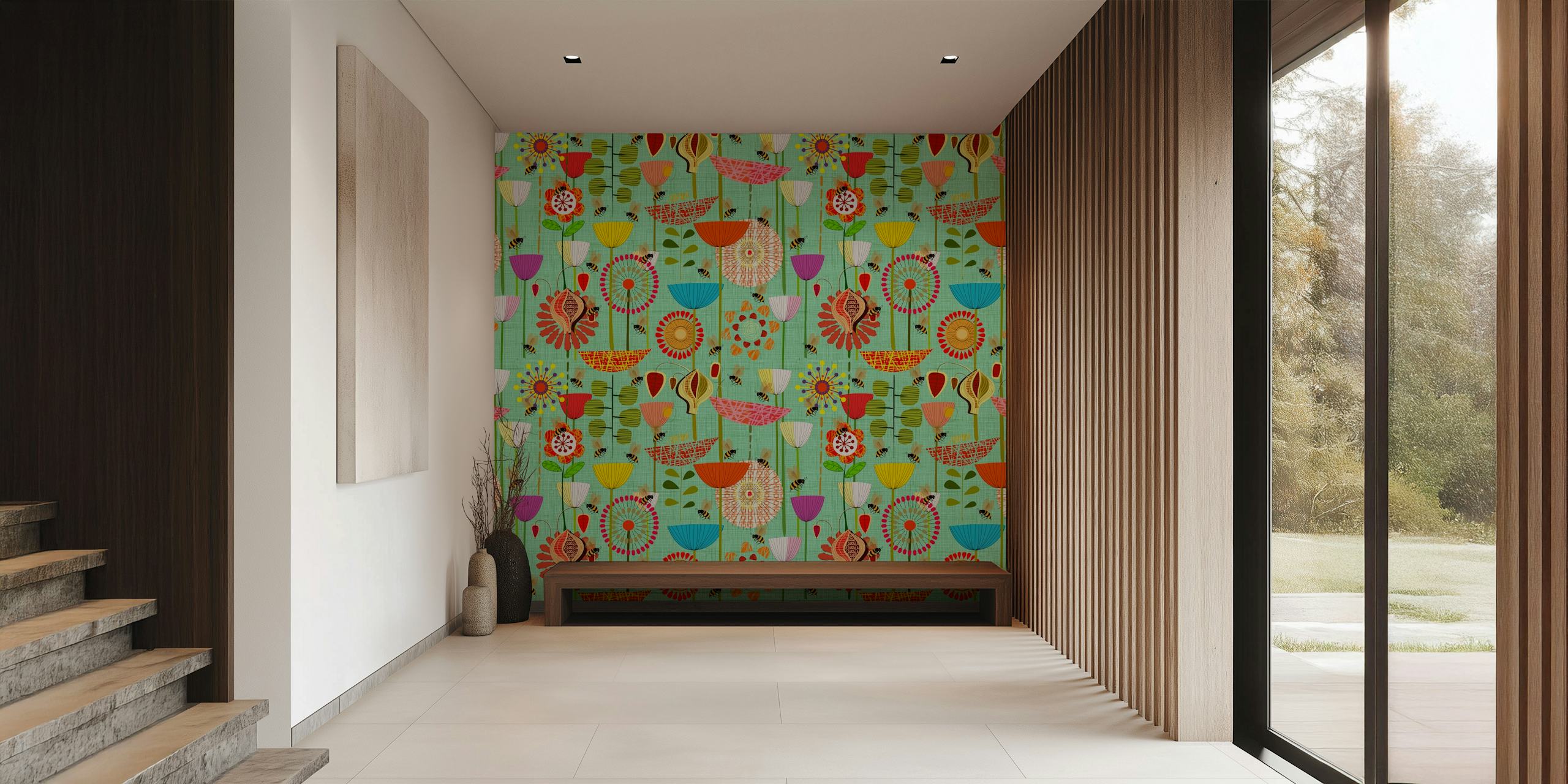 Mid-century modern Where the Bees Fly bee-themed wallpaper
