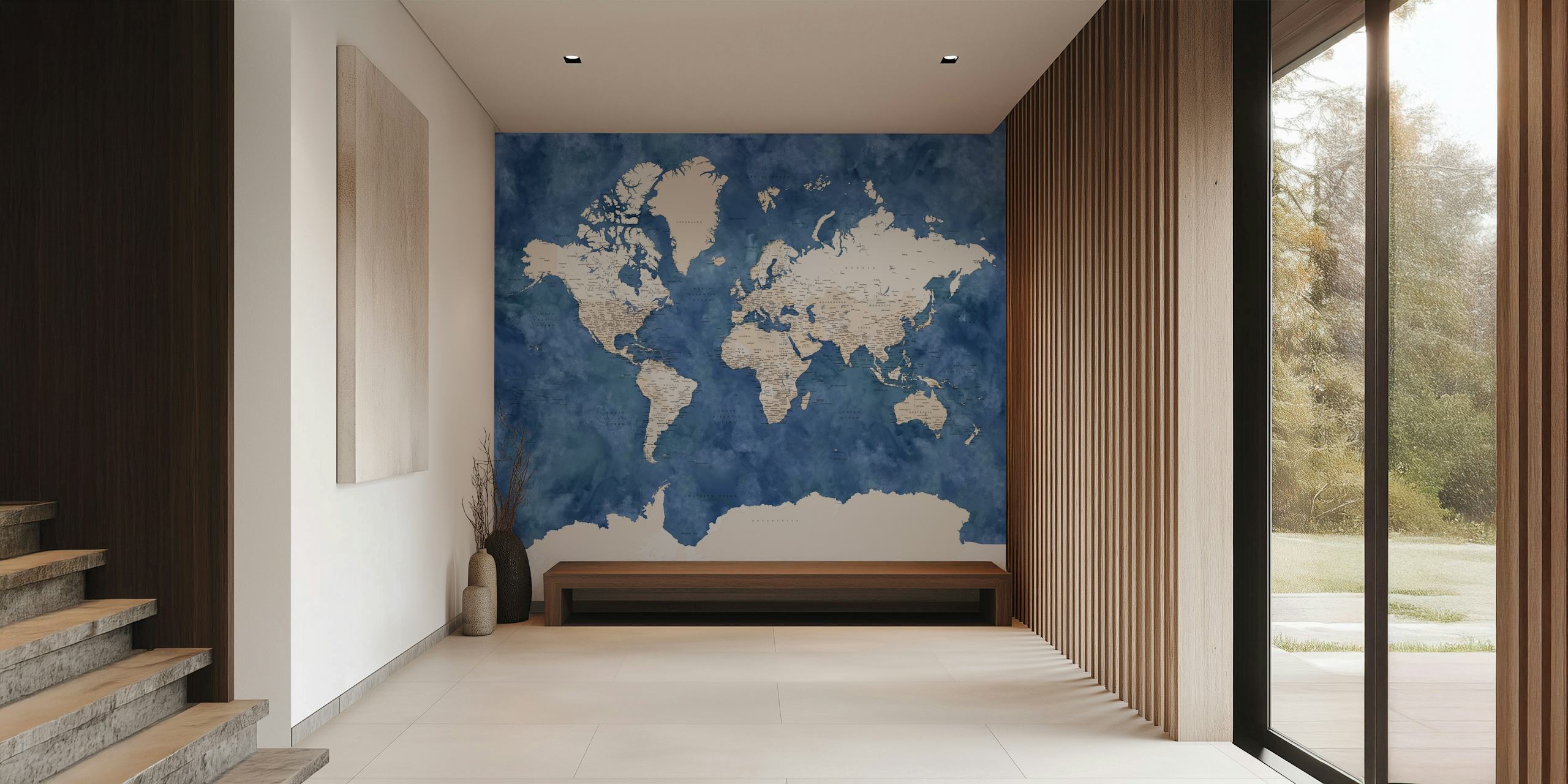 Carta da parati con mappa del mondo incentrata sull'Antartide nei toni del bianco e del blu