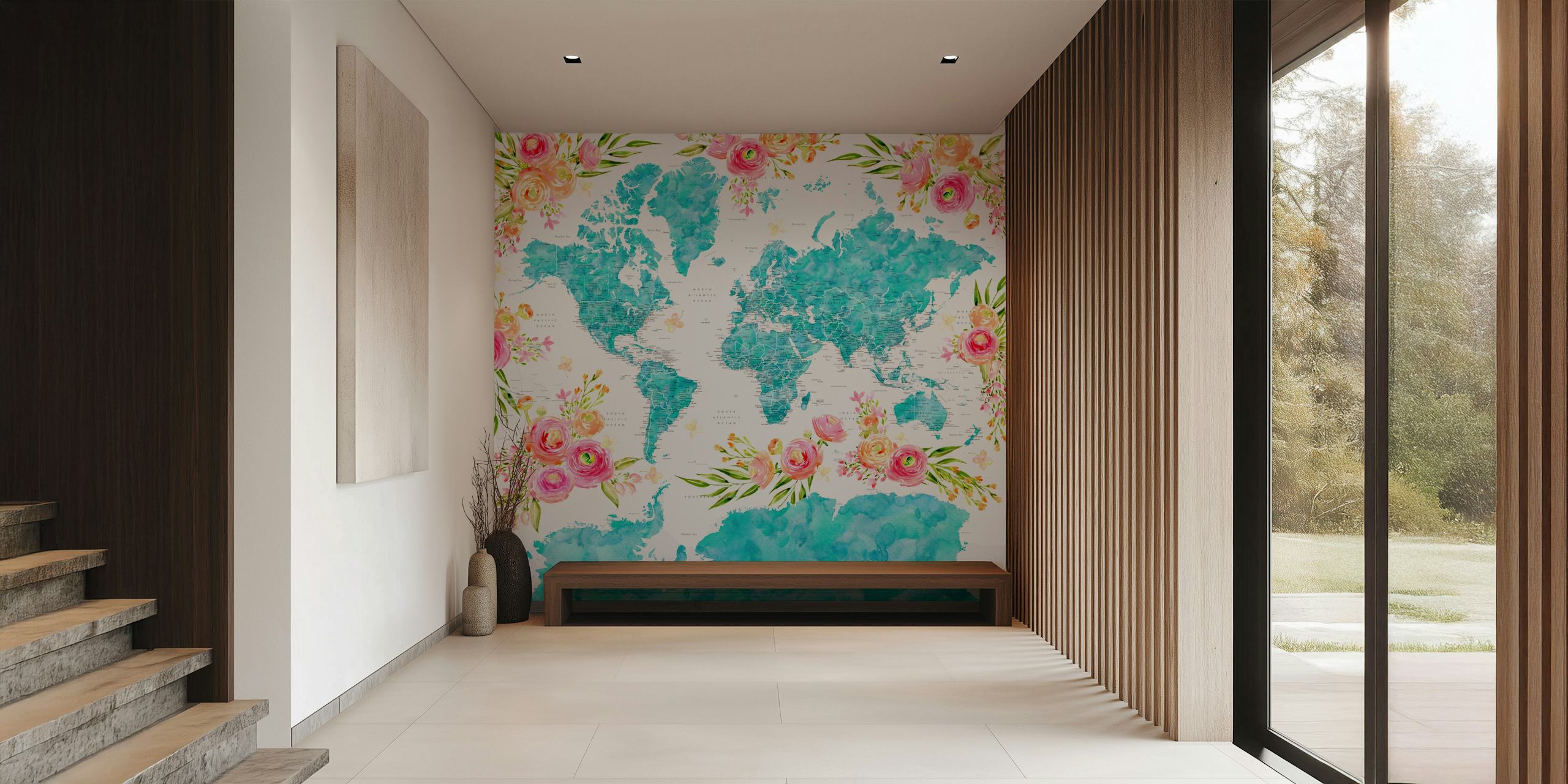 Colorful world map wall mural with floral patterns decorating the continents