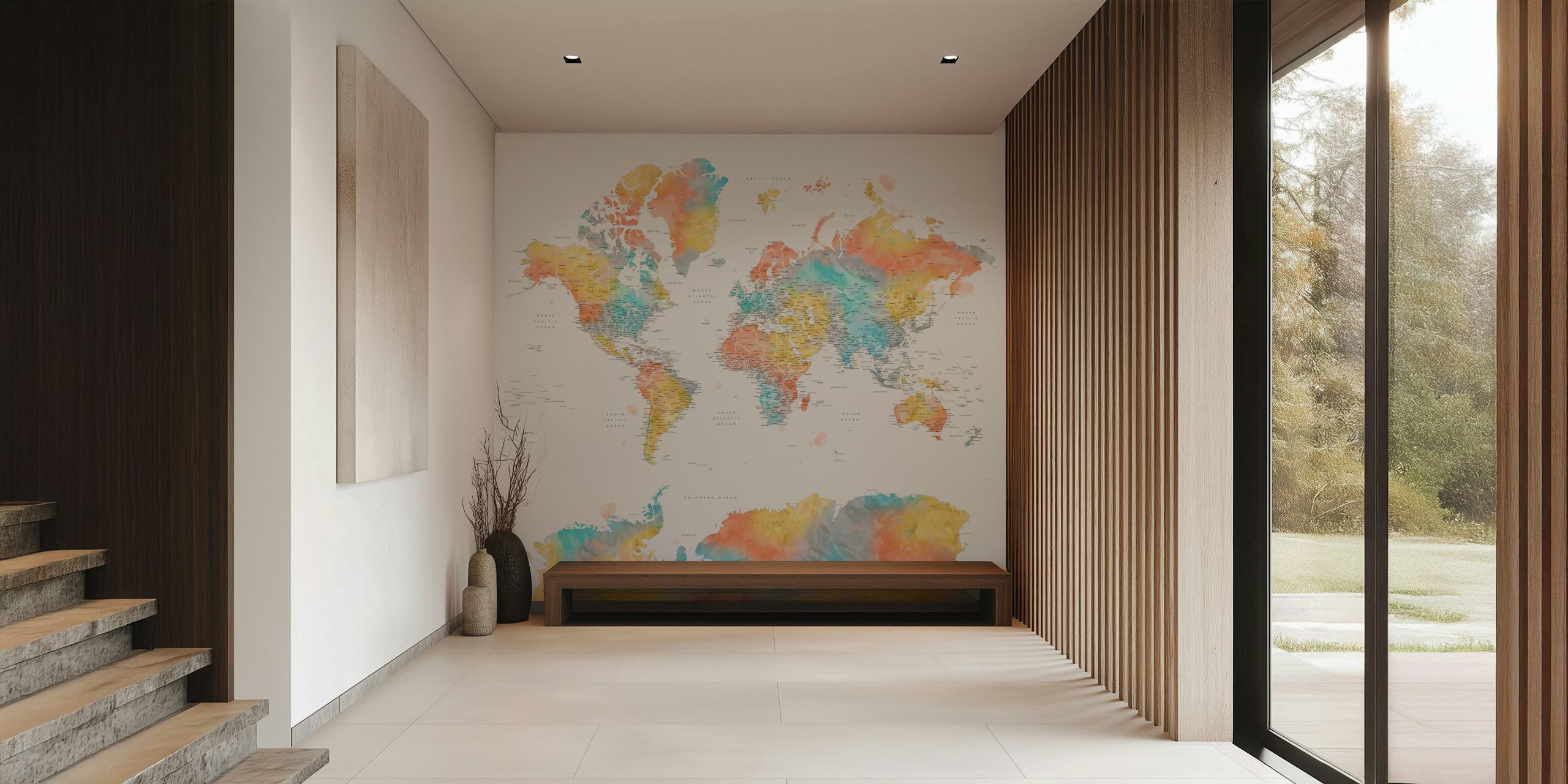 Colorful world map with orange, blue, and yellow hues on beige wallpaper