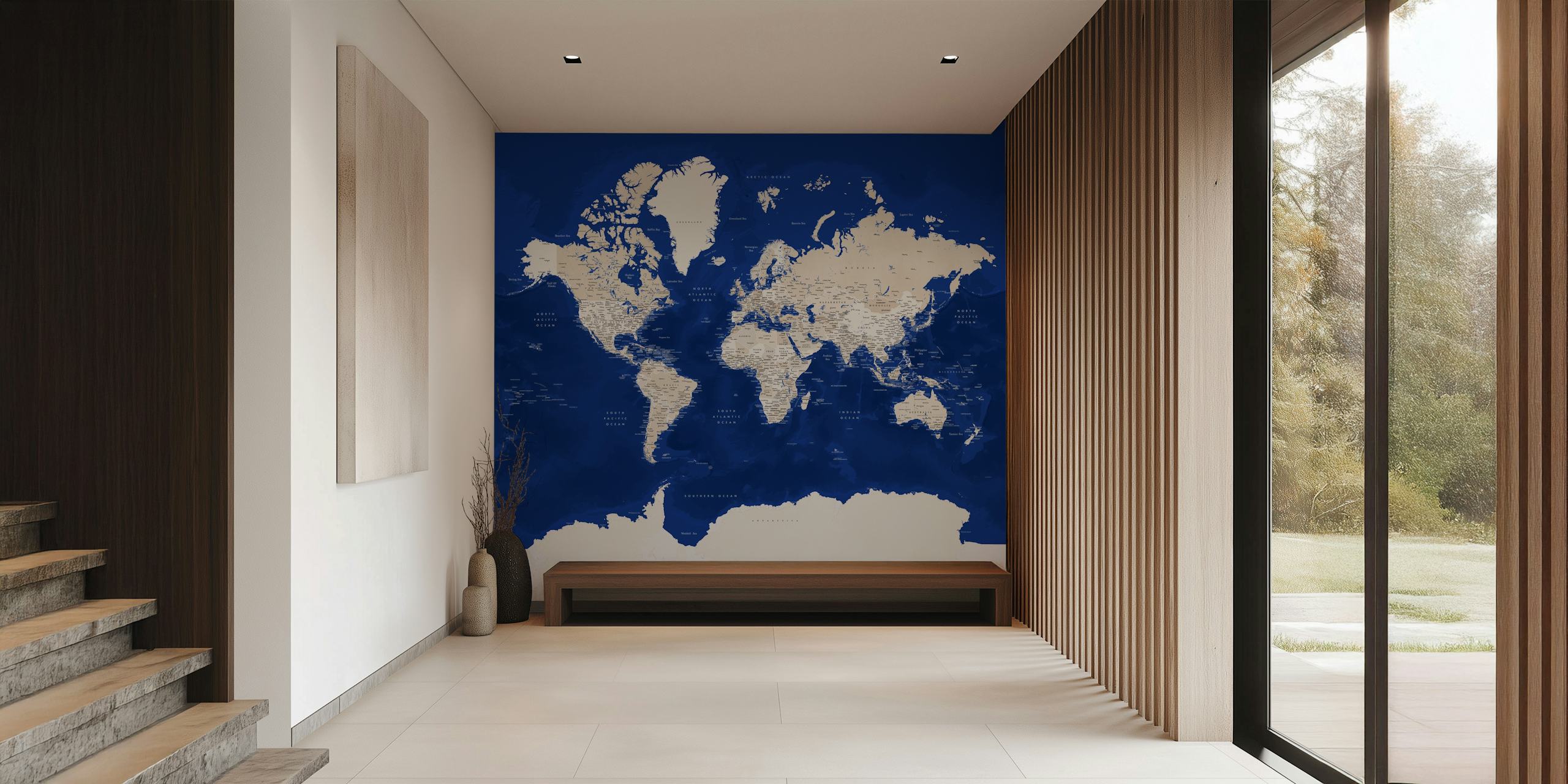 World map in navy blue and beige with geographical details wallpaper