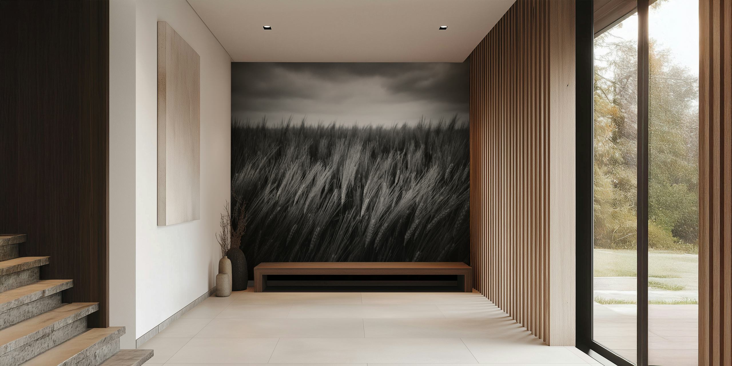 Black and white wheat field wallpaper with cloudy sky