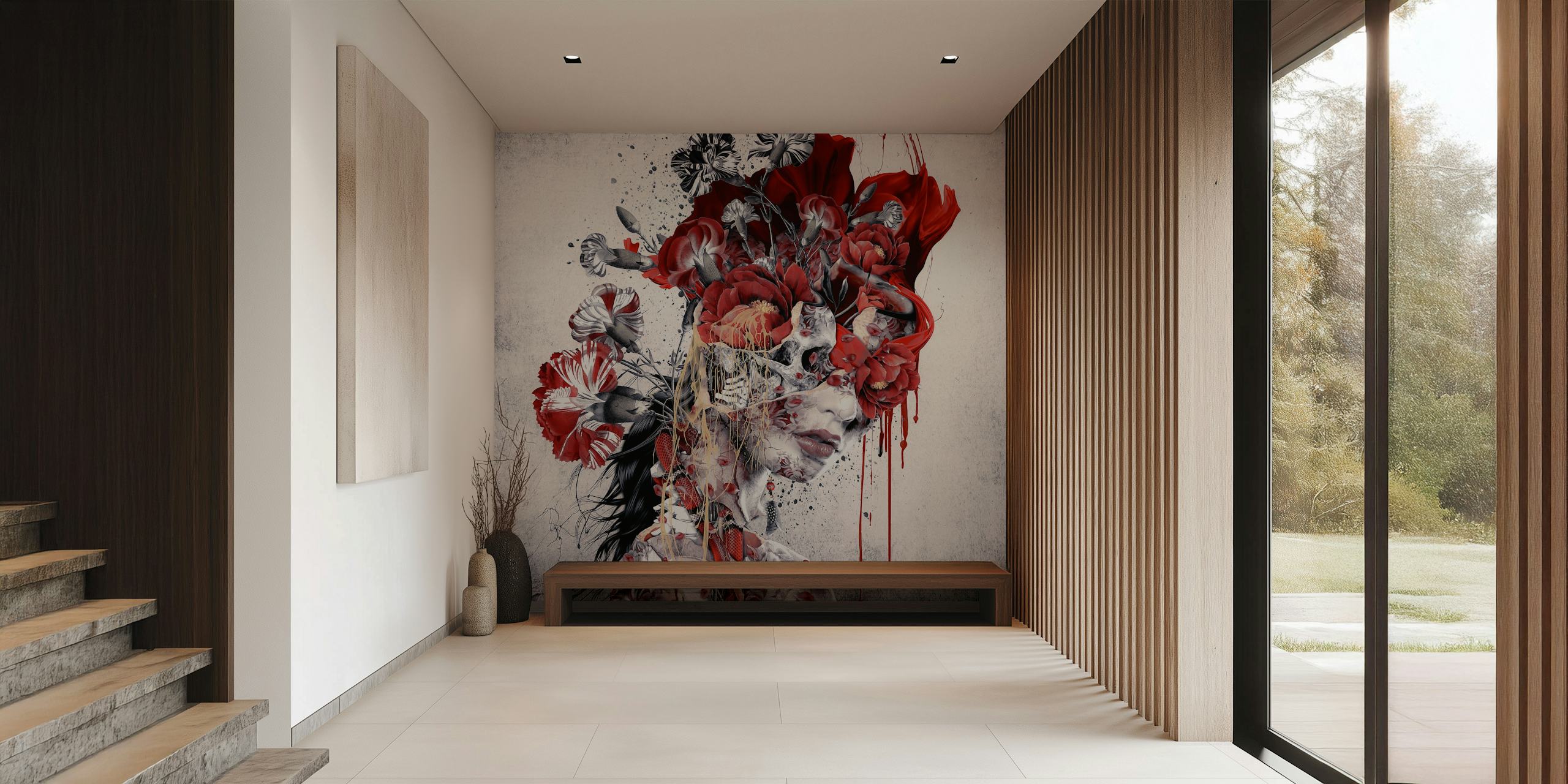 Mural abstracto Reina de Calaveras con flores rojas y motivos de calaveras.