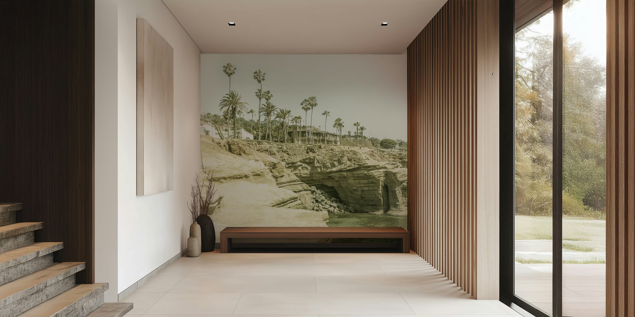 Palm trees and rocky cliffs by the ocean in muted colors wallpaper