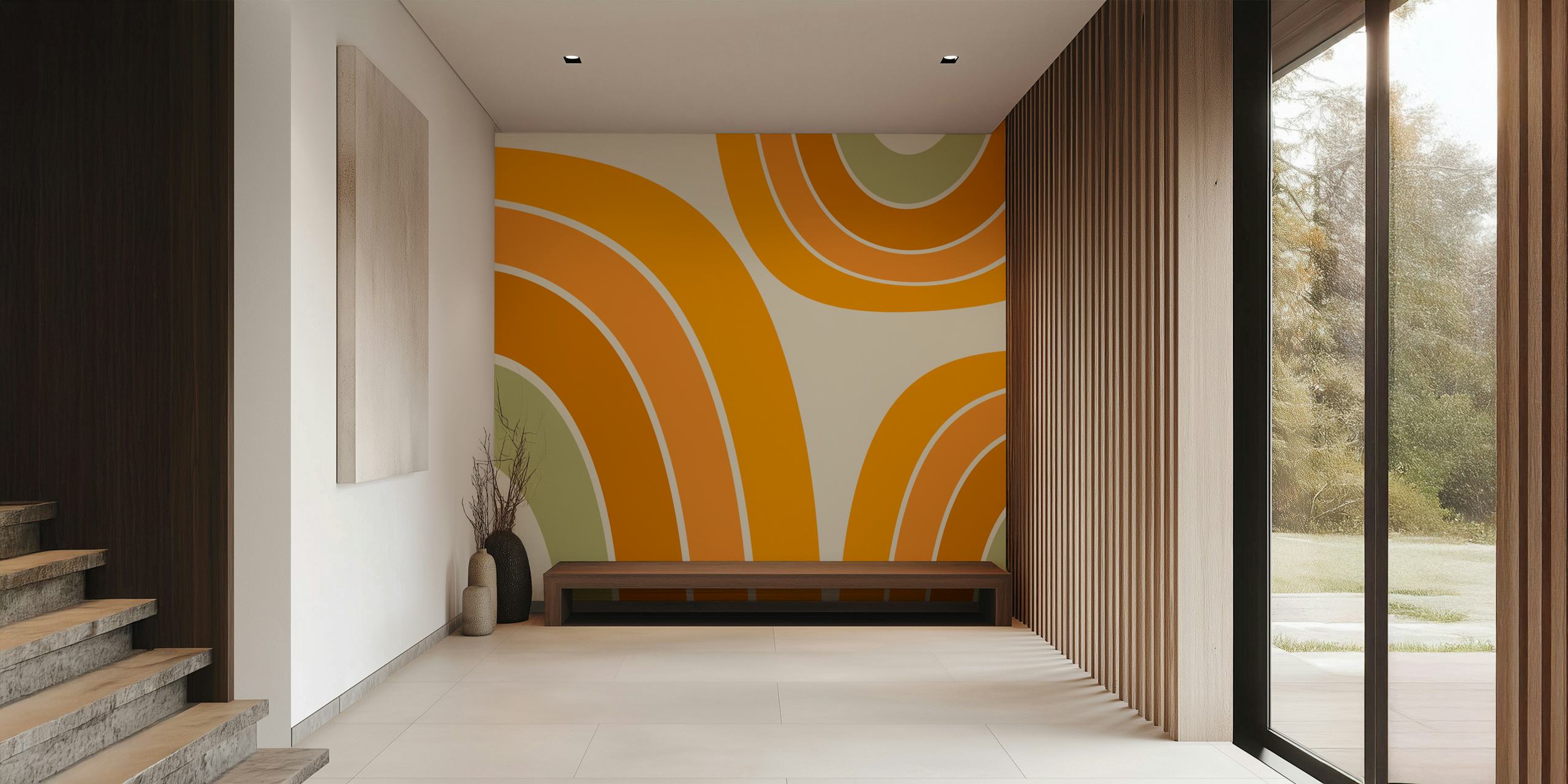 Curved lines in orange and green on beige wallpaper