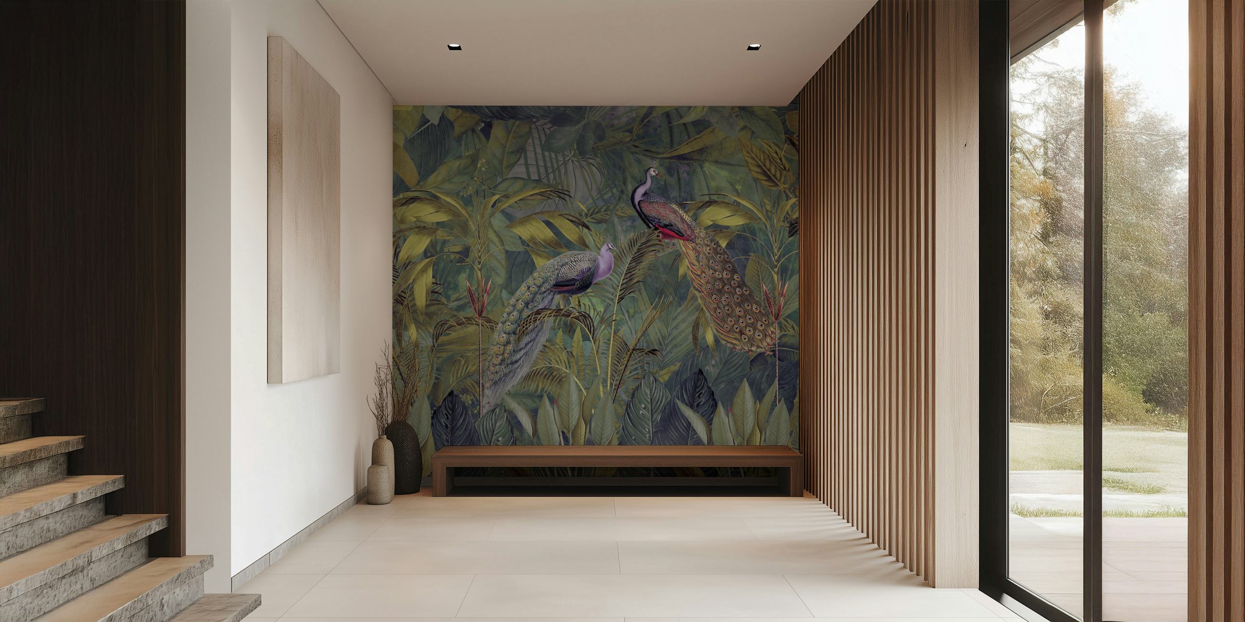 Peacocks among lush green leaves in a tropical design wallpaper