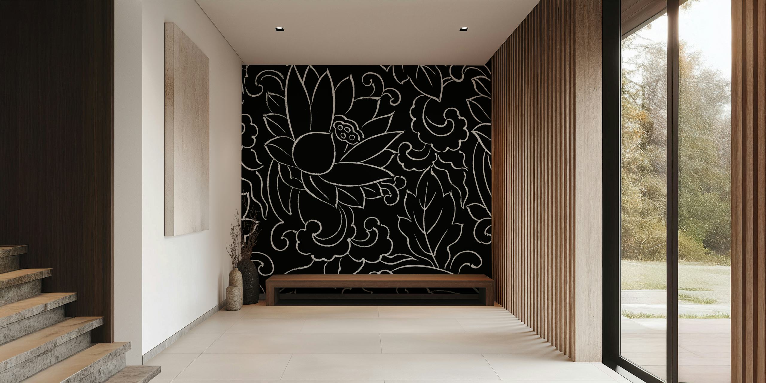 Black floral pattern featuring lotus flowers and leaves wallpaper