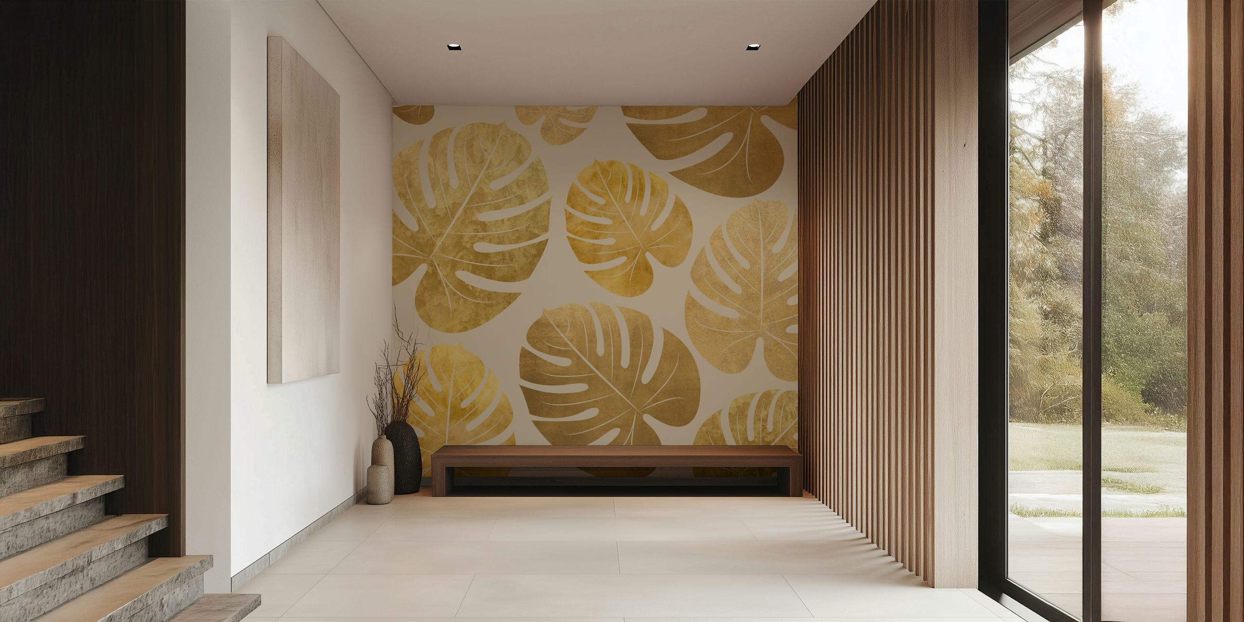 Golden palm leaves wallpaper in a room