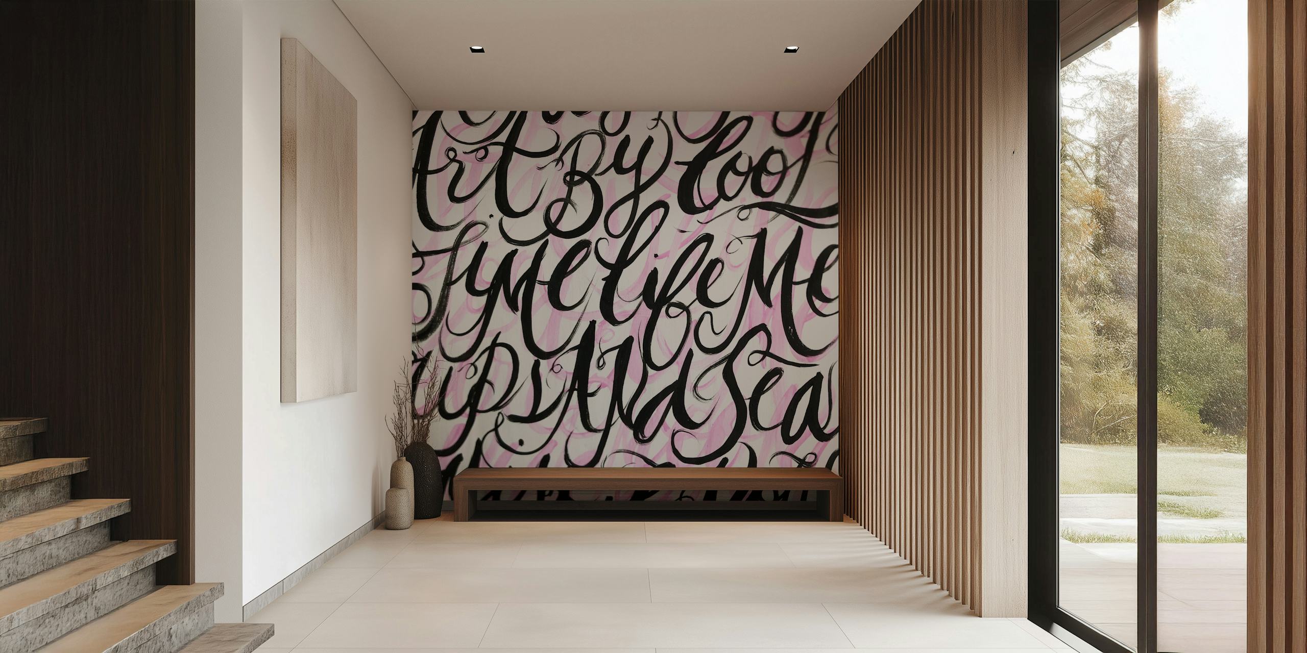 Black abstract lettering on a pink background wallpaper