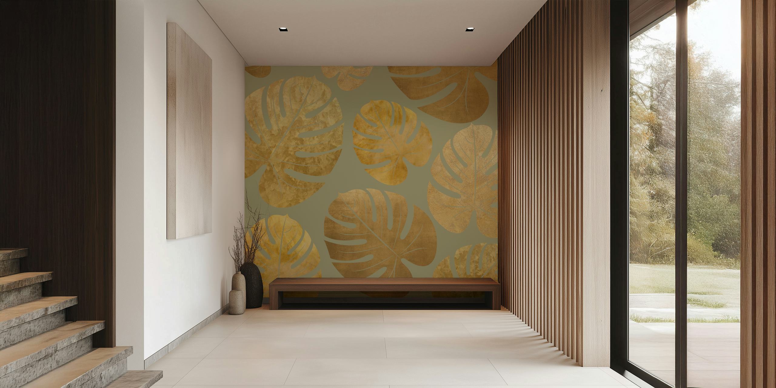 Papier peint mural feuille de palmier vert mousse et or