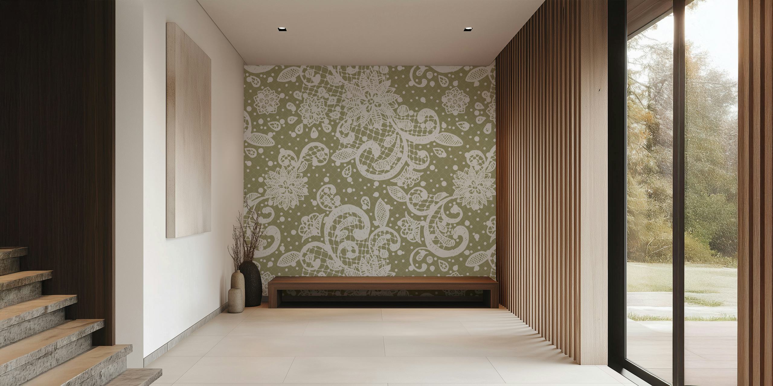 Olive green floral lace pattern wallpaper
