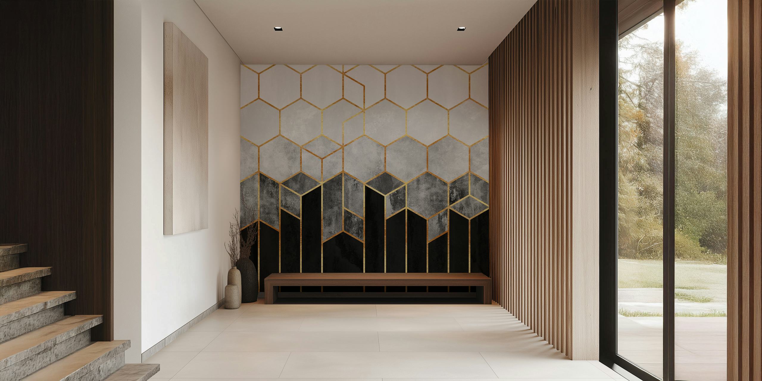 Geometric hexagon pattern in black, white, and gold wallpaper