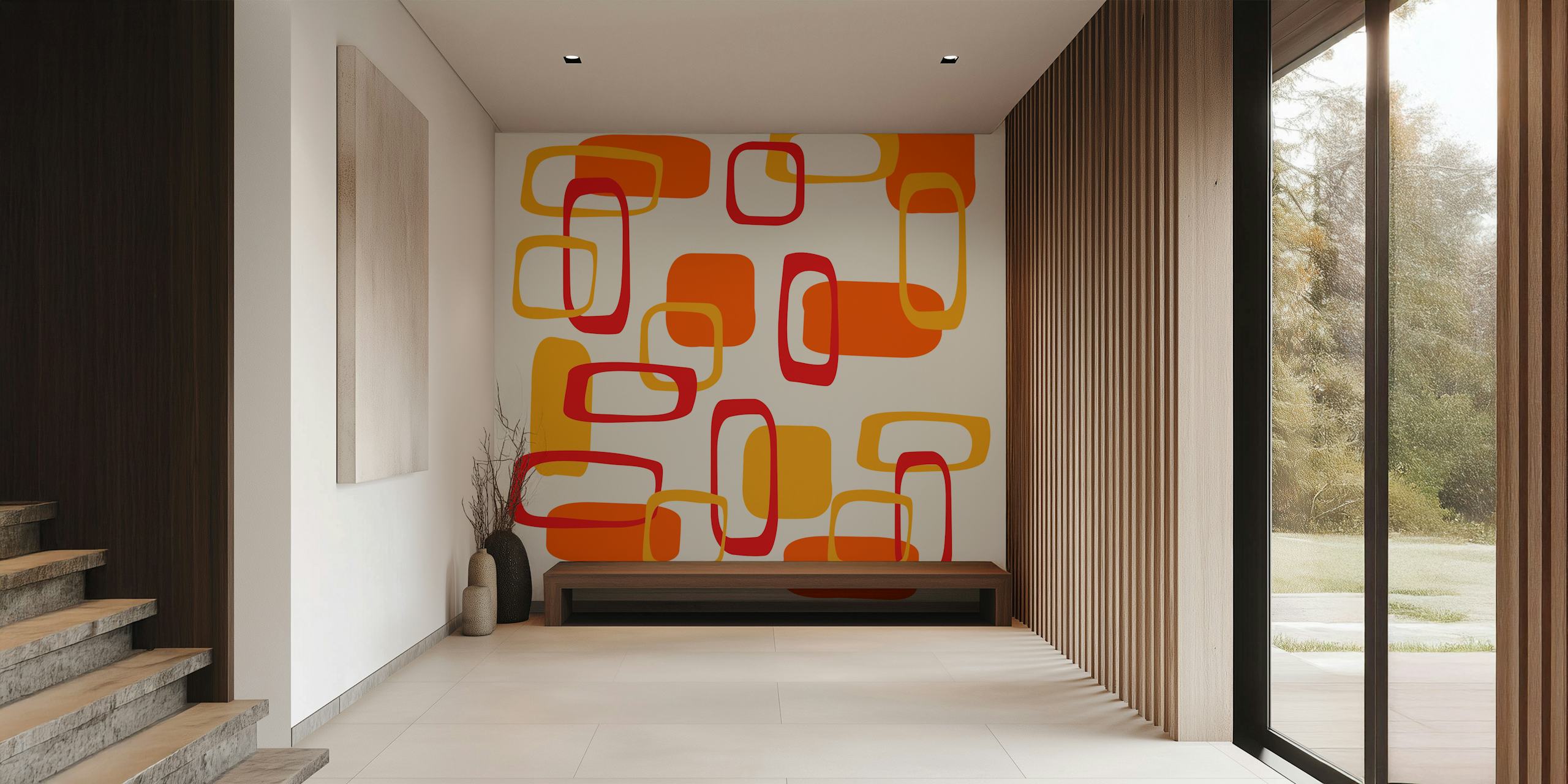 Retro-inspired wall mural with mid-century squares in 70s colors
