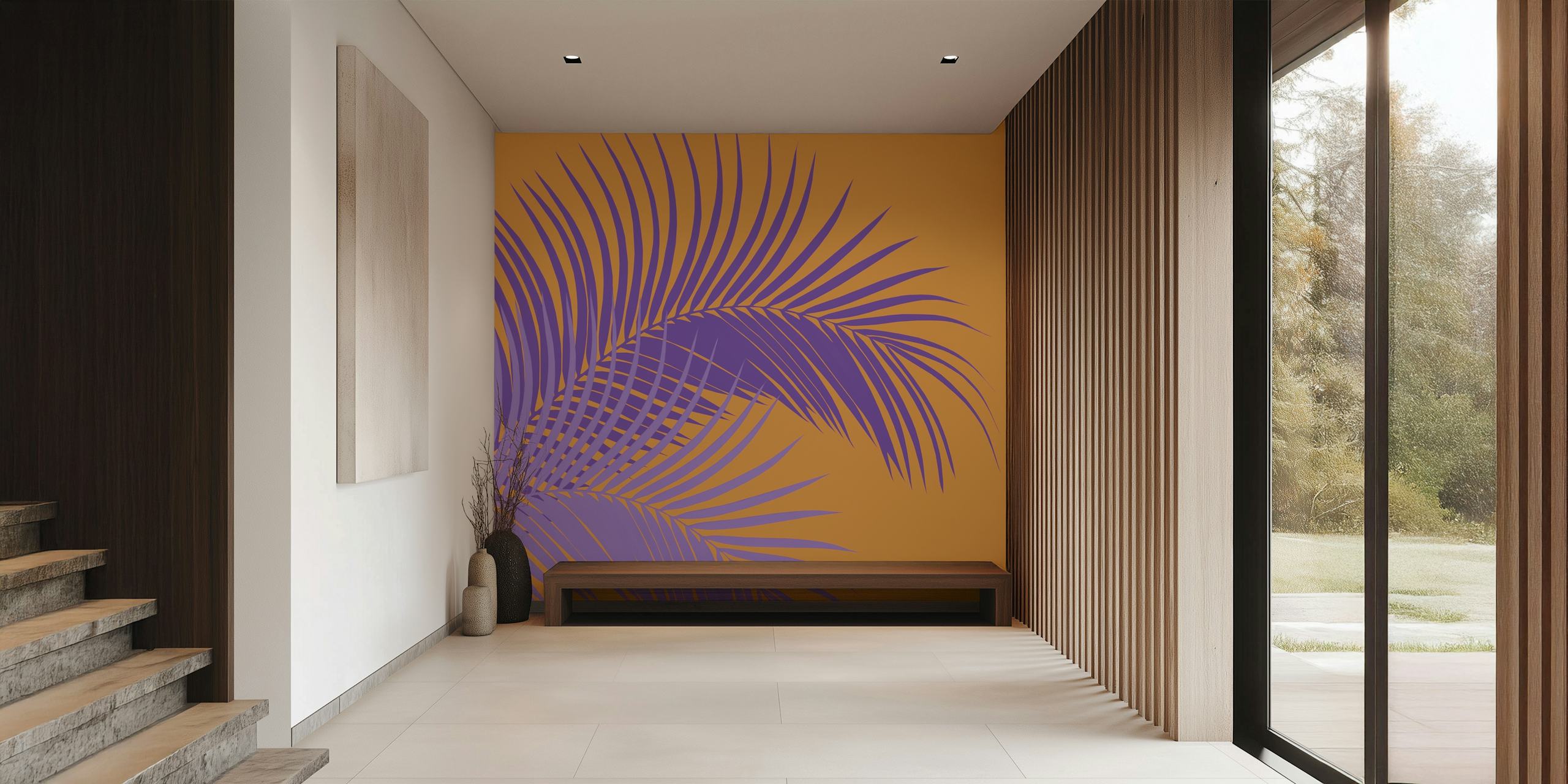 Stiliserede lilla palmeblade på et orange baggrundsvægmaleri