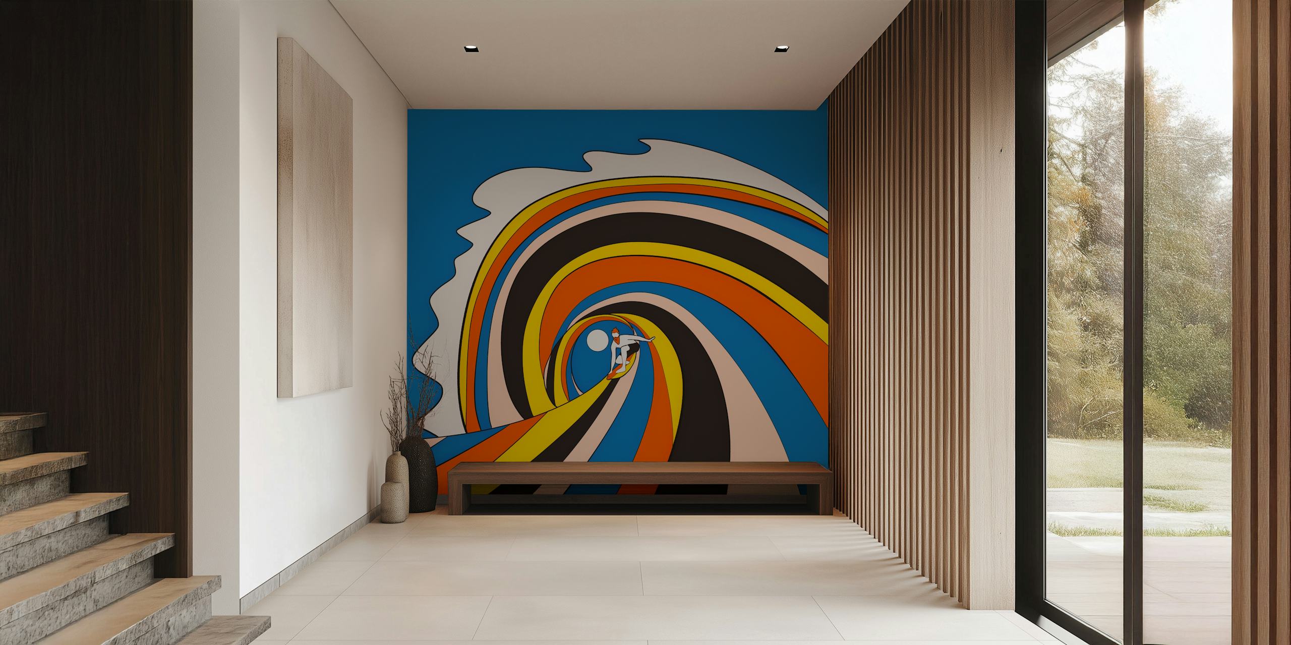 Colorful surfing wave illustration featuring blue, orange, yellow, and black tones in a modern wallpaper.