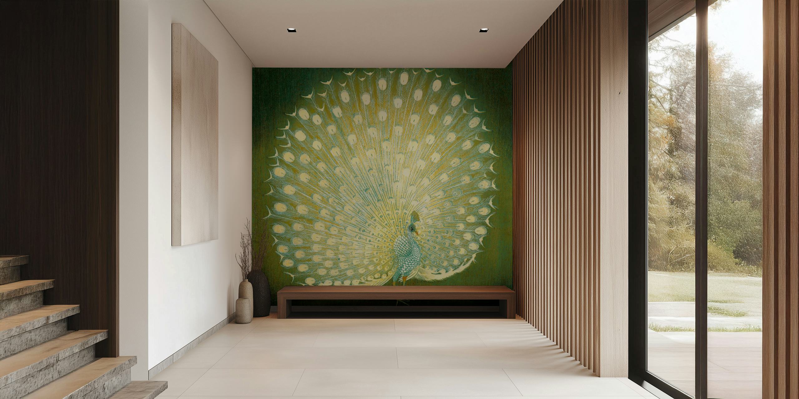 Peacock with green background in floral pattern wallpaper