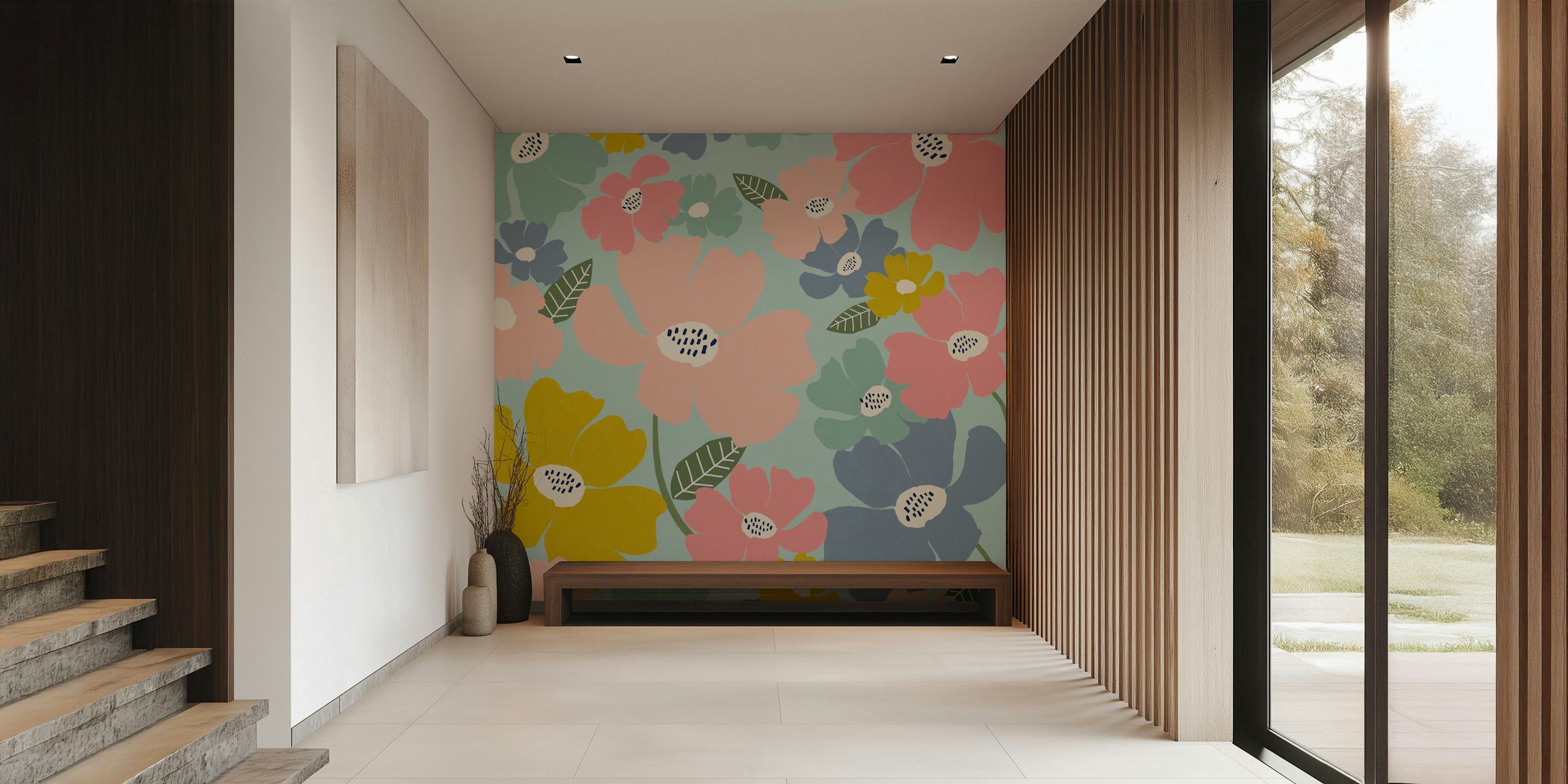 Colorful floral pattern with pink, blue, and yellow flowers wallpaper