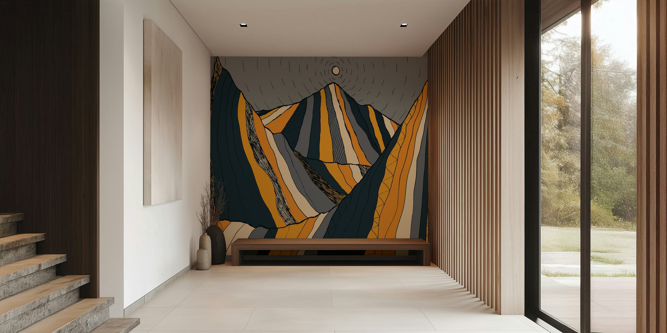 Abstract mountain landscape wall mural under a grey sky with earthy tones