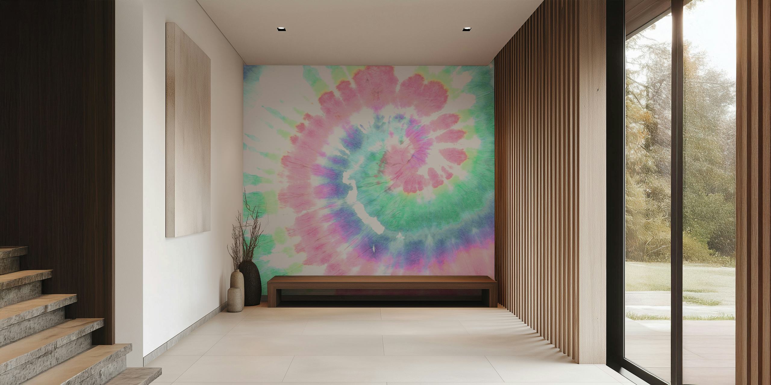 Energieke roze tie-dye muurschildering met wervelingen van roze, groen en blauw
