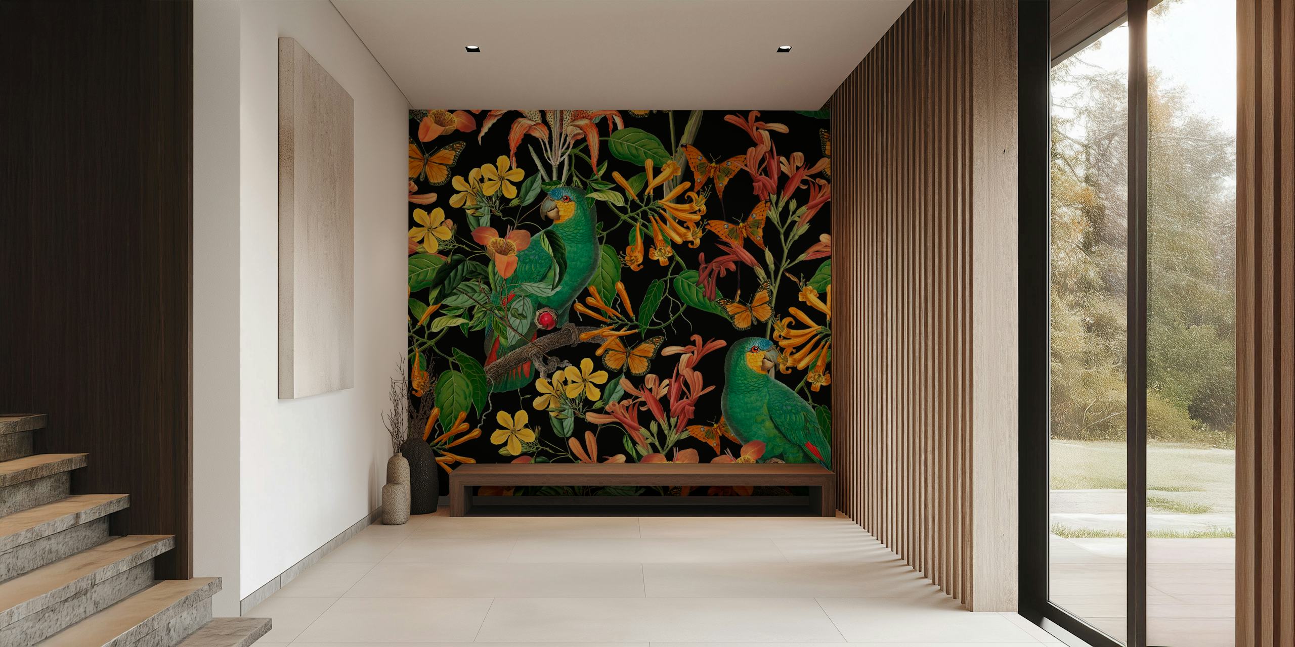 Green parrots and colorful flowers on a black background wallpaper