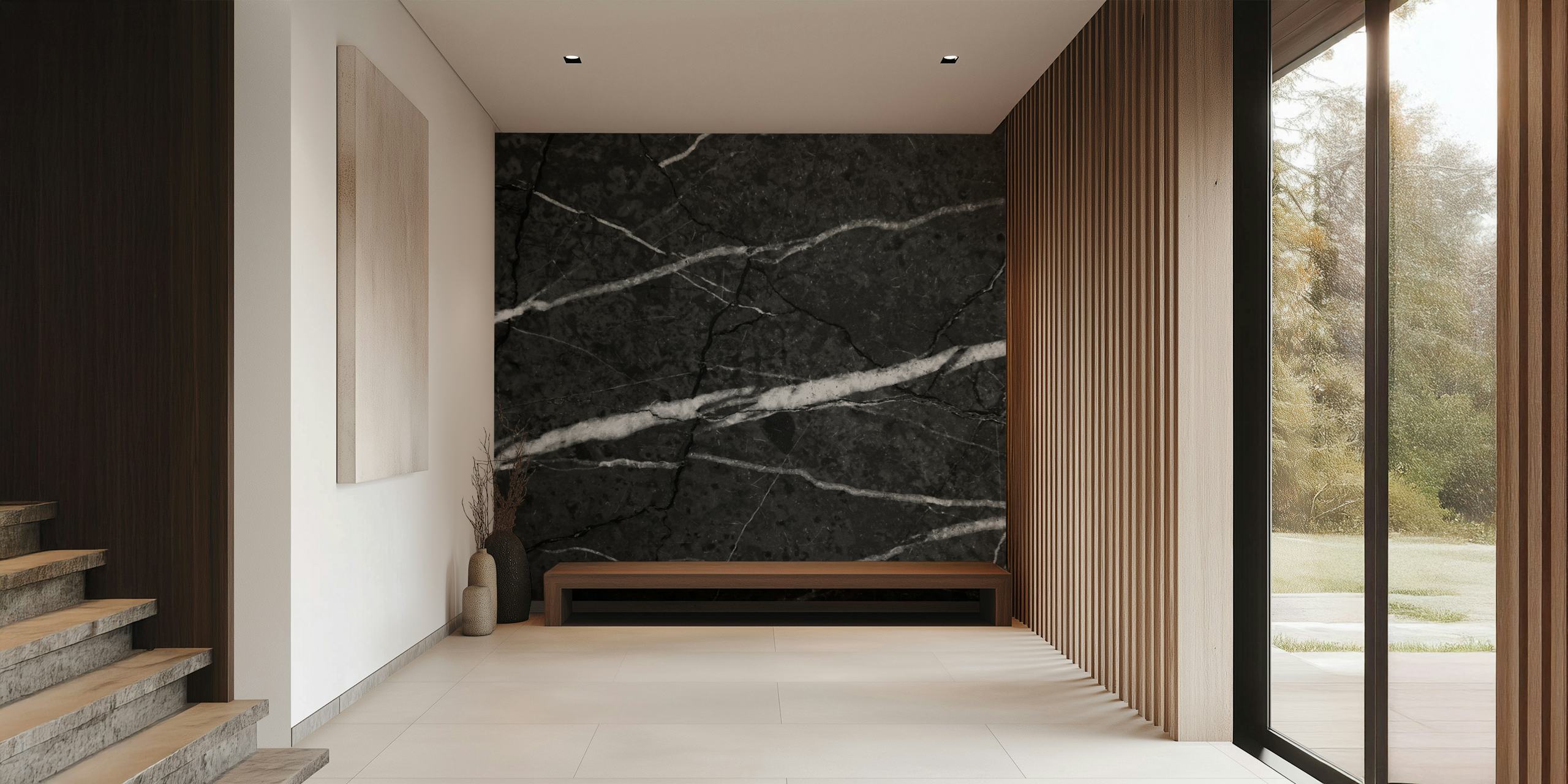 Black marble wallpaper with white veining and cracks, modern style