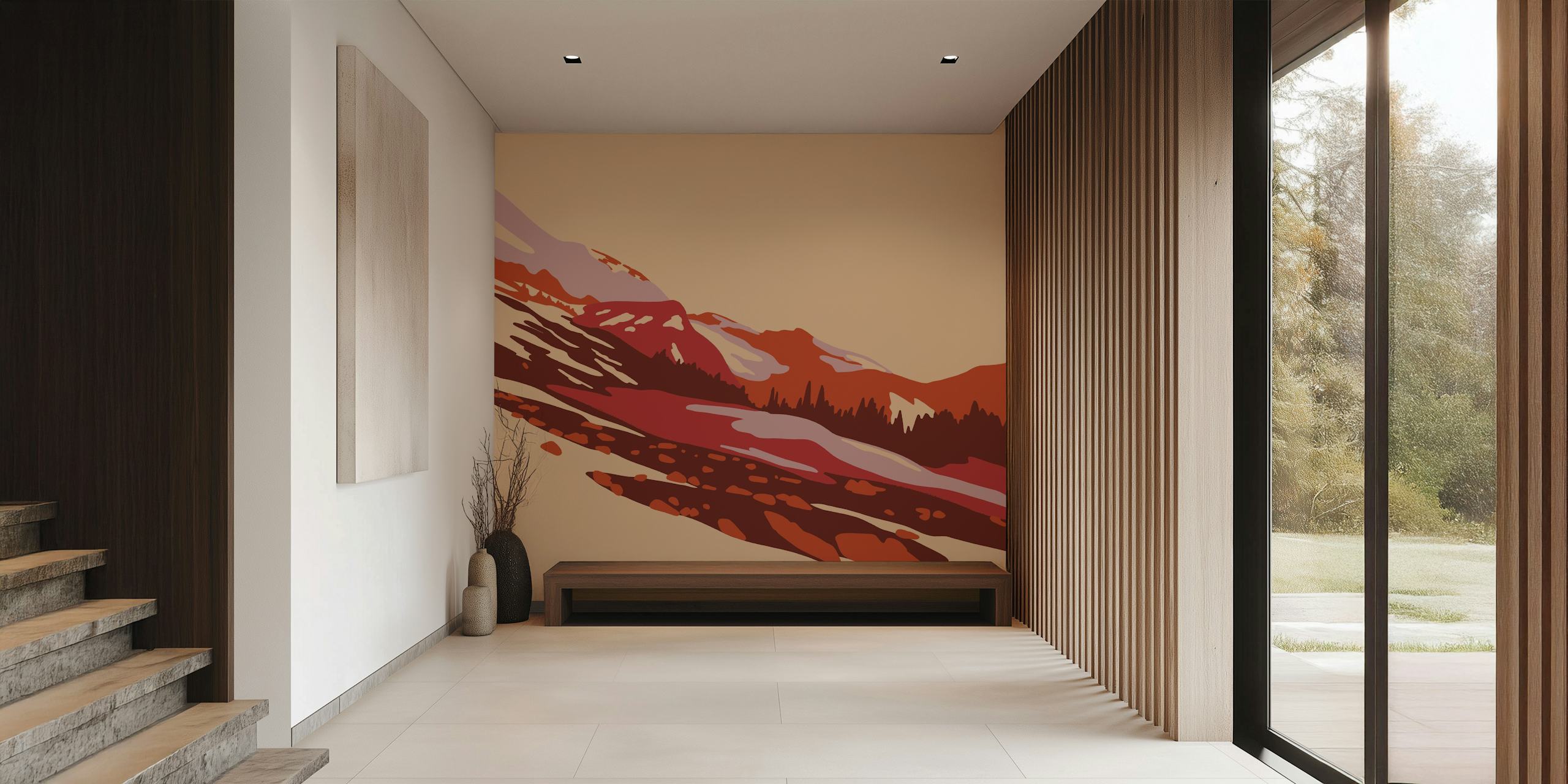 Geometric abstract mountain meadow wall mural with warm terracotta and green tones