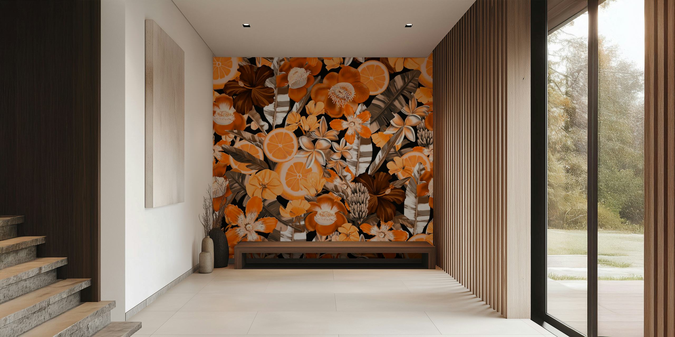 Seamless flowers and fruits wallpaper in een kamer