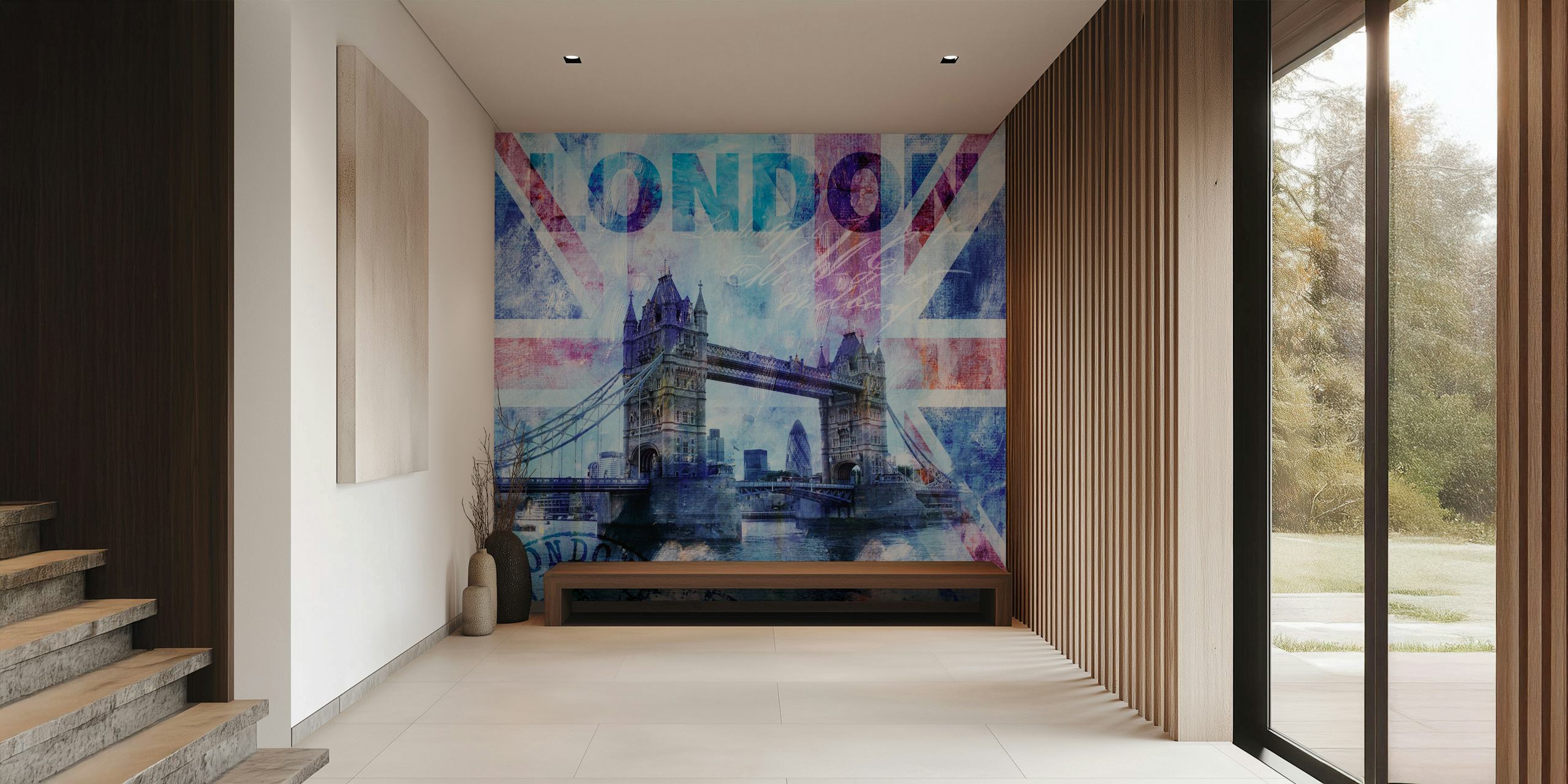 London Bridge with blue tones and British flag wallpaper