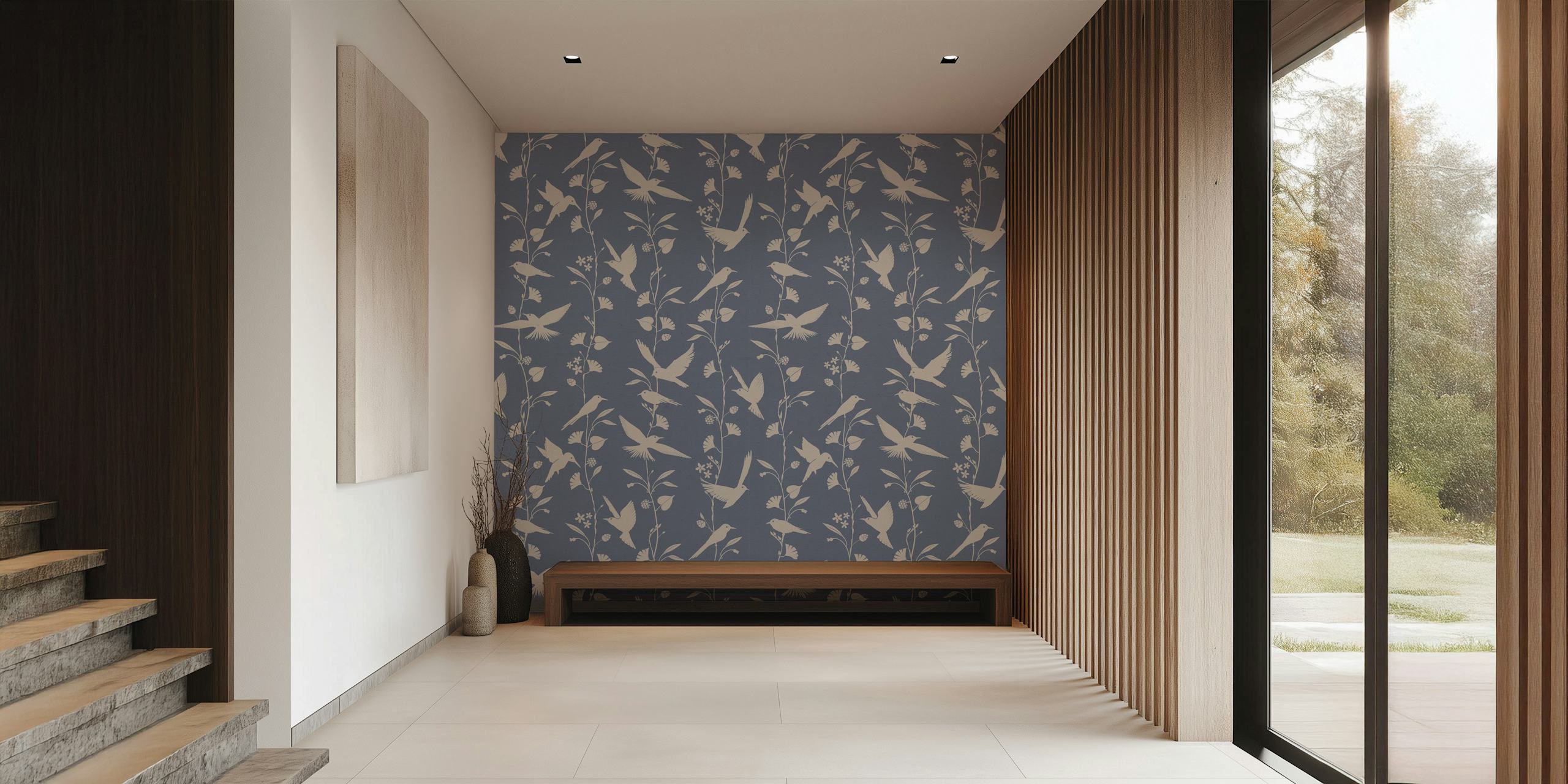 Birds and floral patterns in blue and cream wallpaper