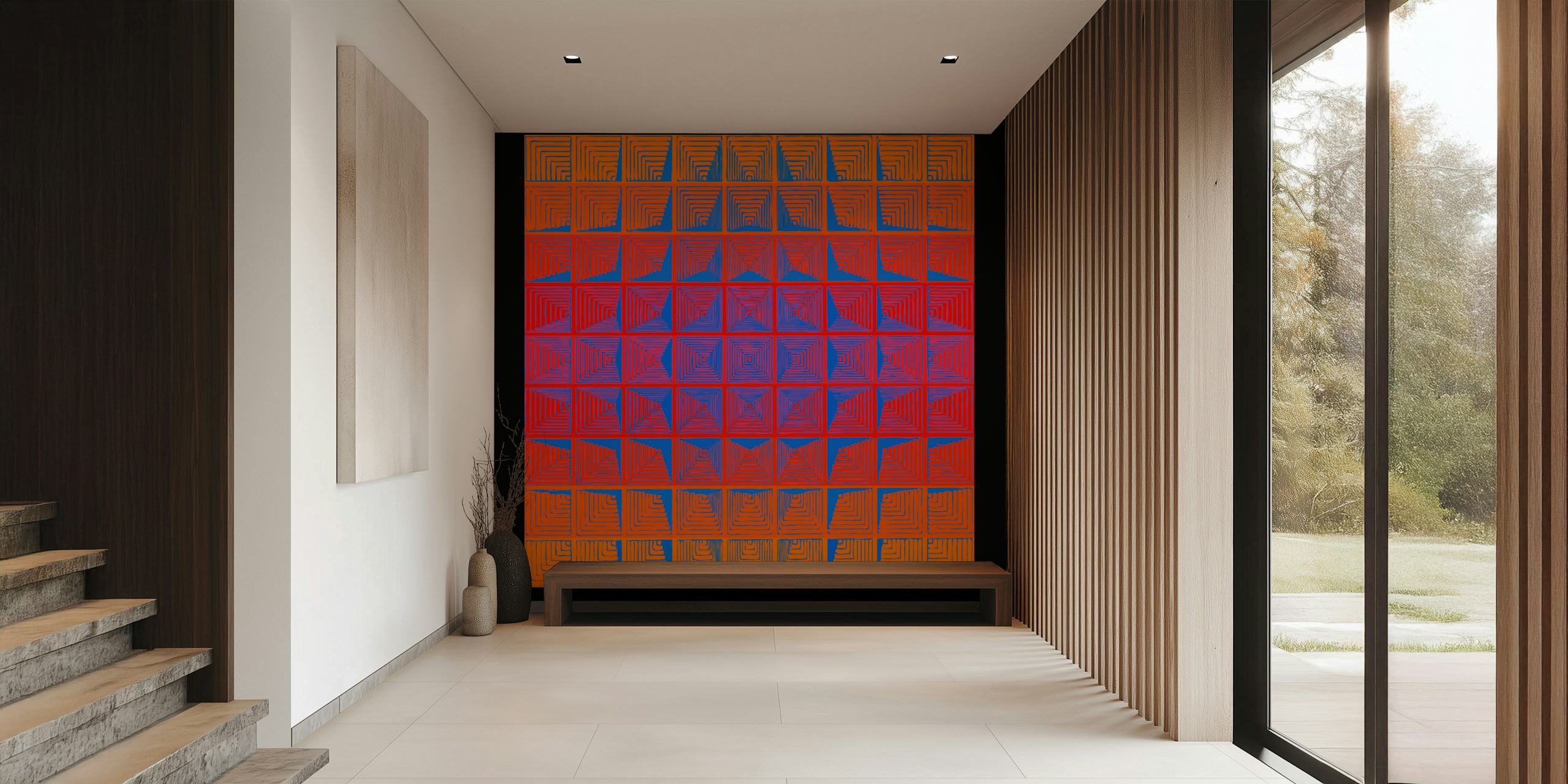 Murale Sunrise des années 70 inspirée de Panton de style rétro avec des motifs géométriques dans des tons ambre et céruléen