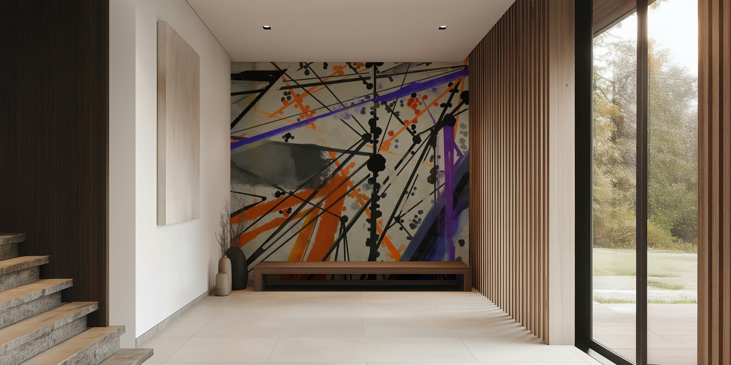 Colorful abstract brush strokes in orange, black, purple, and gray wallpaper