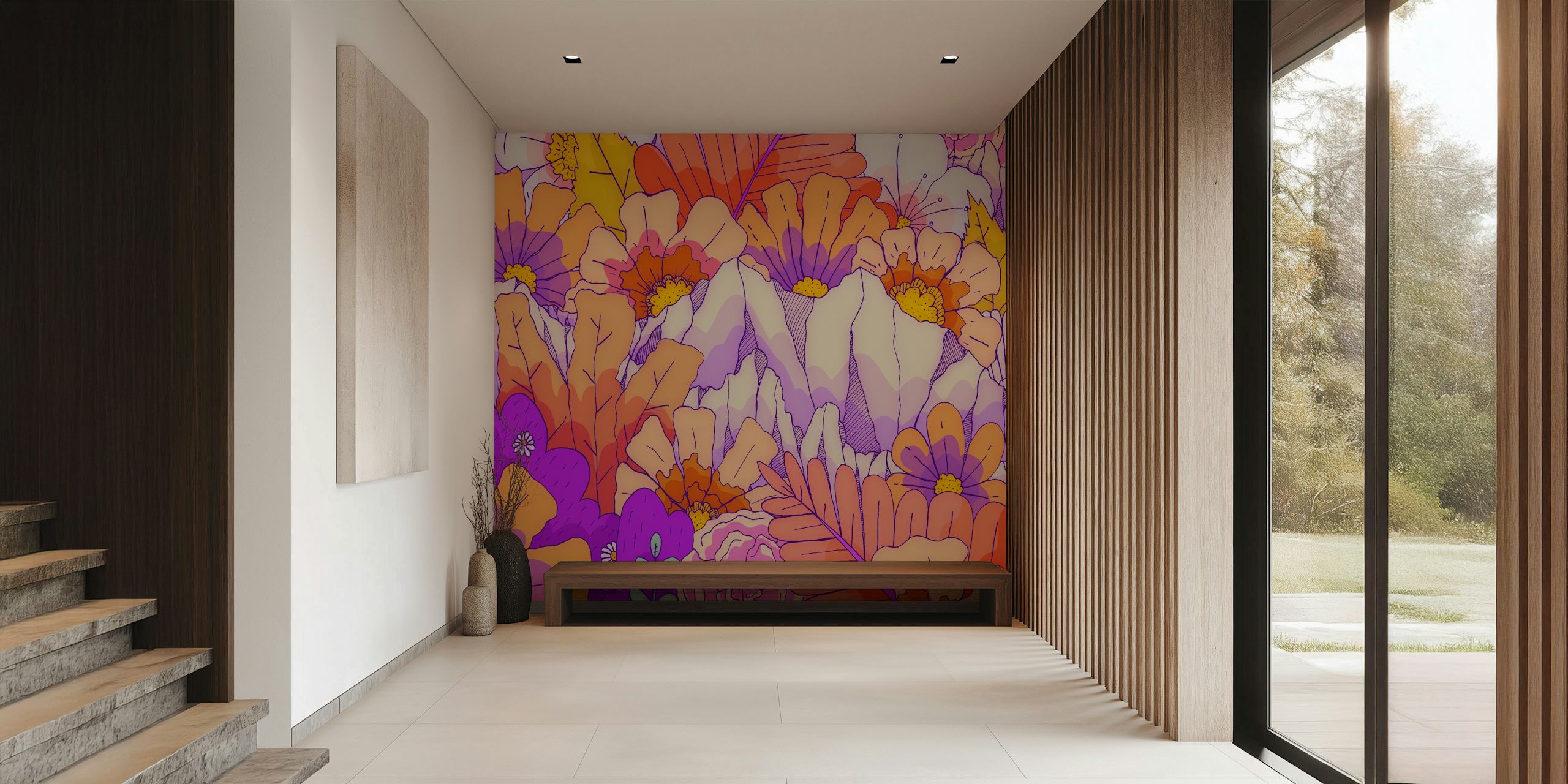 Colorful floral wall mural with purple, pink, and orange hues