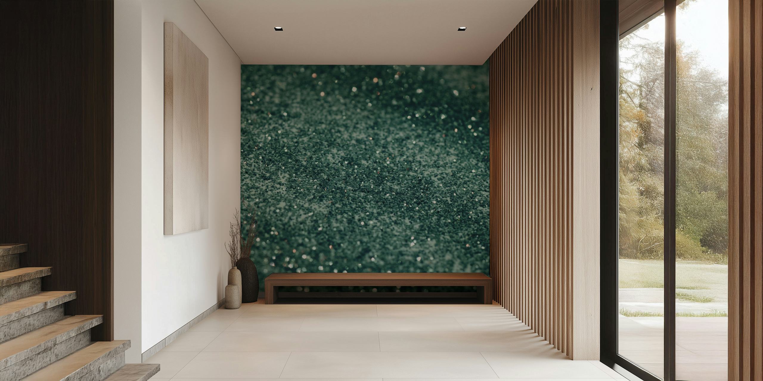 Carta da parati con texture glitter verde acqua che ricorda la coda di una sirena sott'acqua