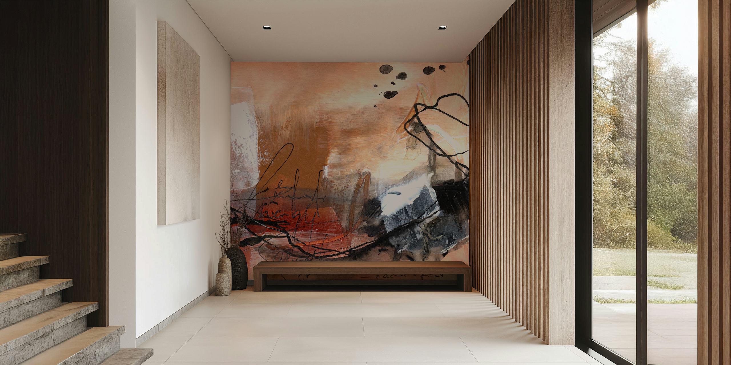 Abstract art wallpaper featuring brown, black, and white elements