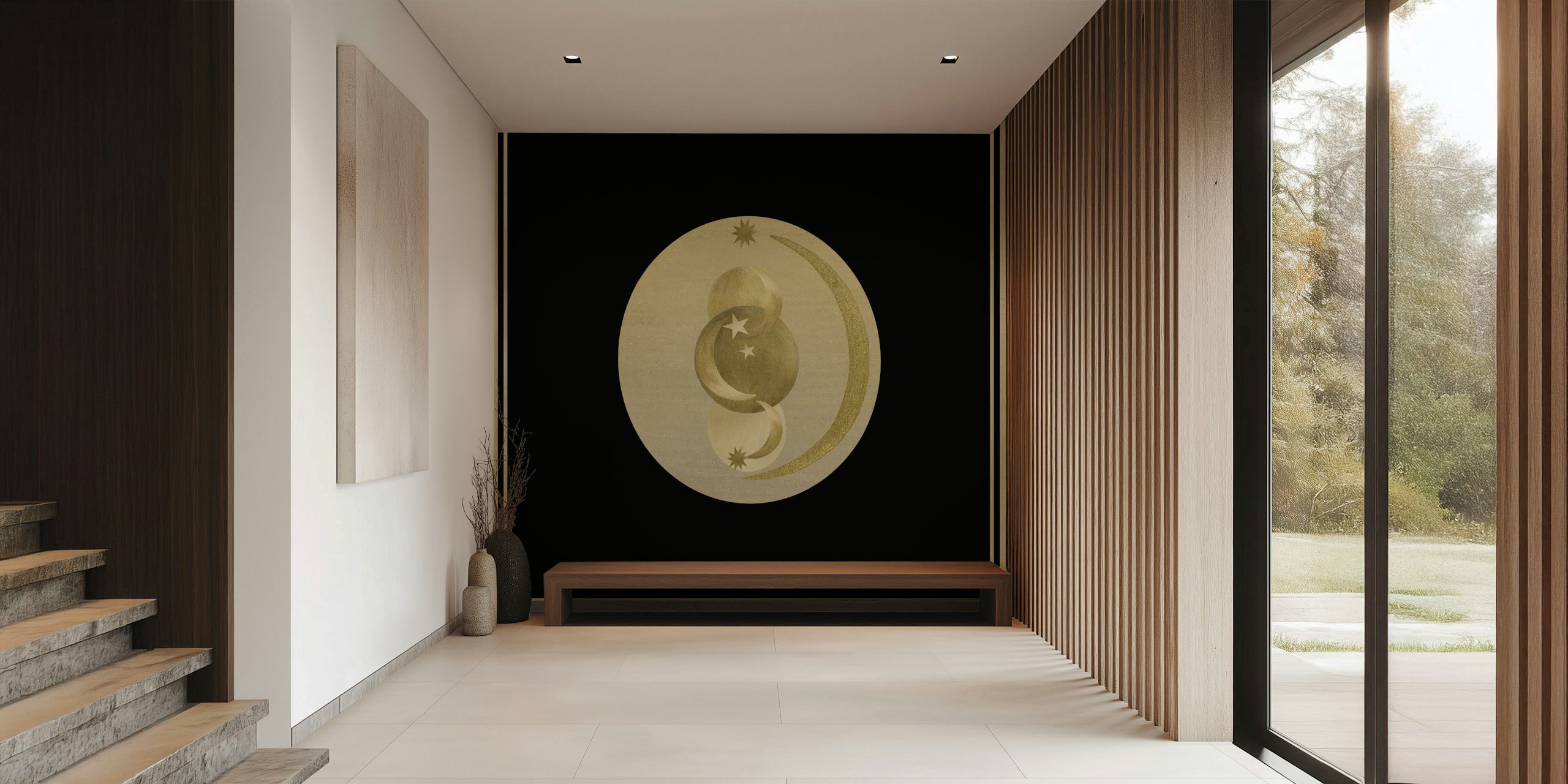 Gold moon and stars design on black background wallpaper