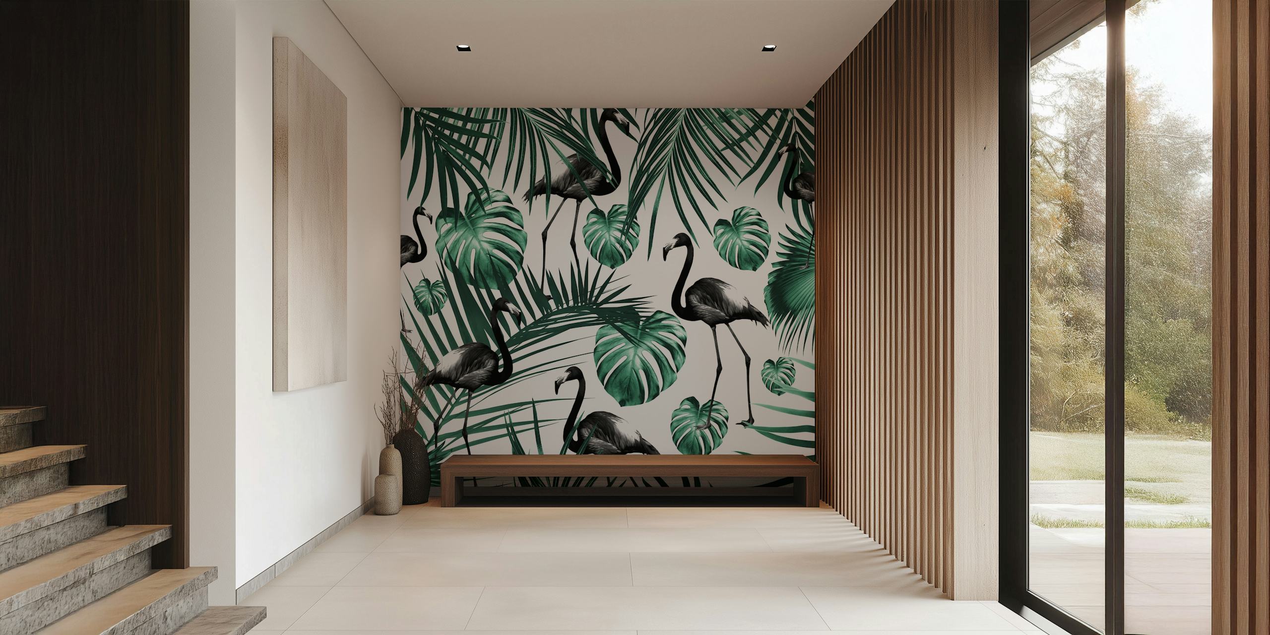 Tropical wallpaper featuring black flamingos and green palm leaves
