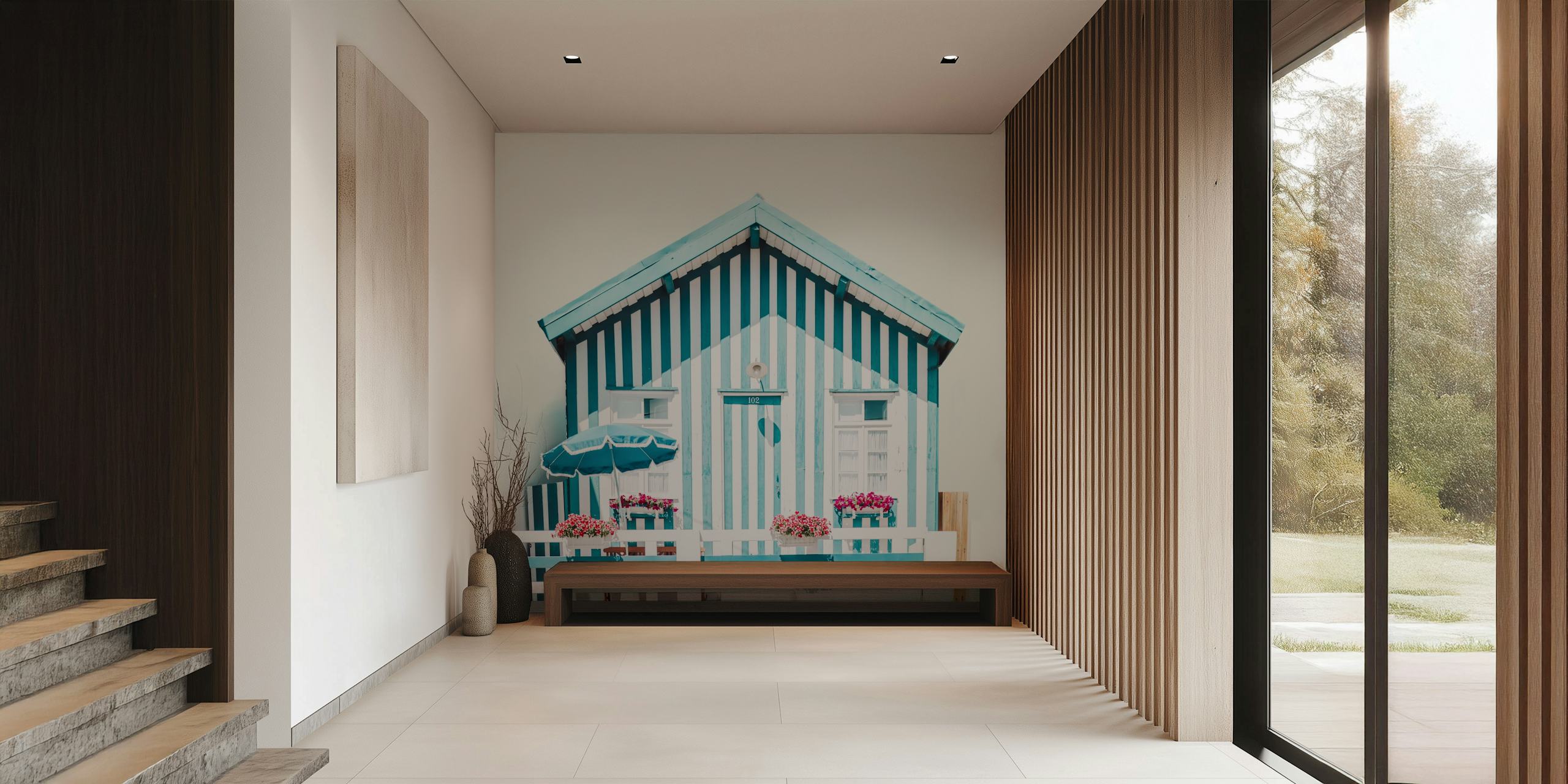 Beach house with blue and white stripes wallpaper