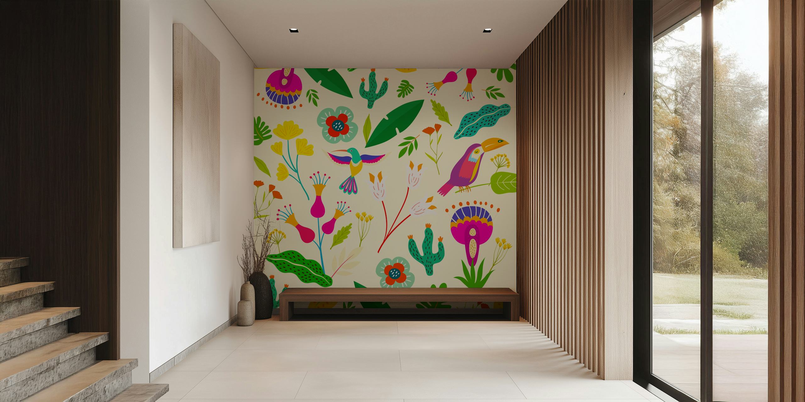 Fototapeta Frida Tropical Clean se stylizovanými ptáky a tropickými rostlinami